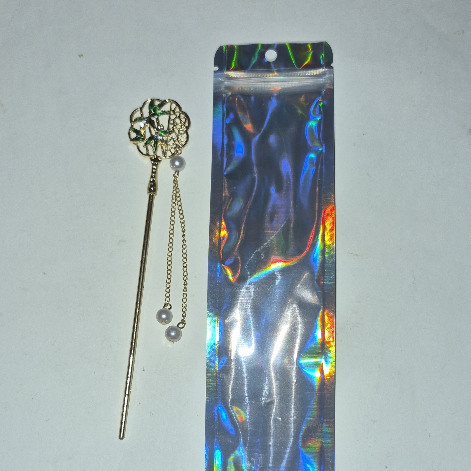 Gold Tone Metal Flower Hair Stick Pin w/ Green & White Beaded Dangle Accents