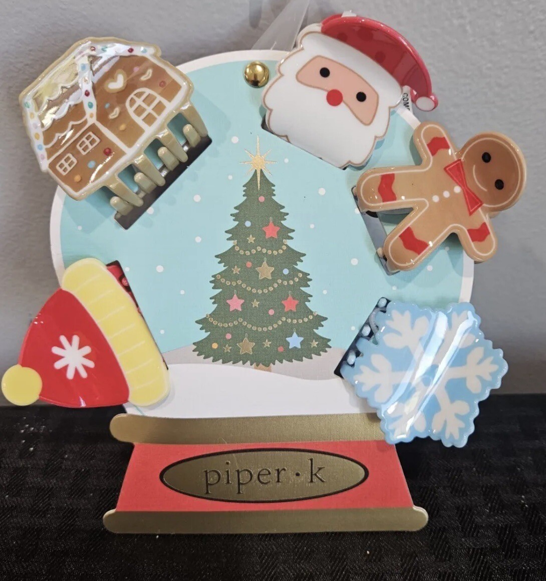 Piper K Christmas 5 hair Clips Set Santa Gingerbread House Snowflake Hat