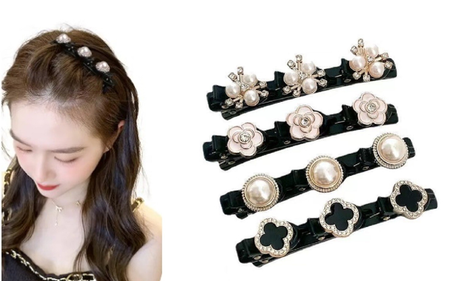 4-Piece Crystal Hair Clip Set – Elegant Braided Flower & Clover Hair Accessories