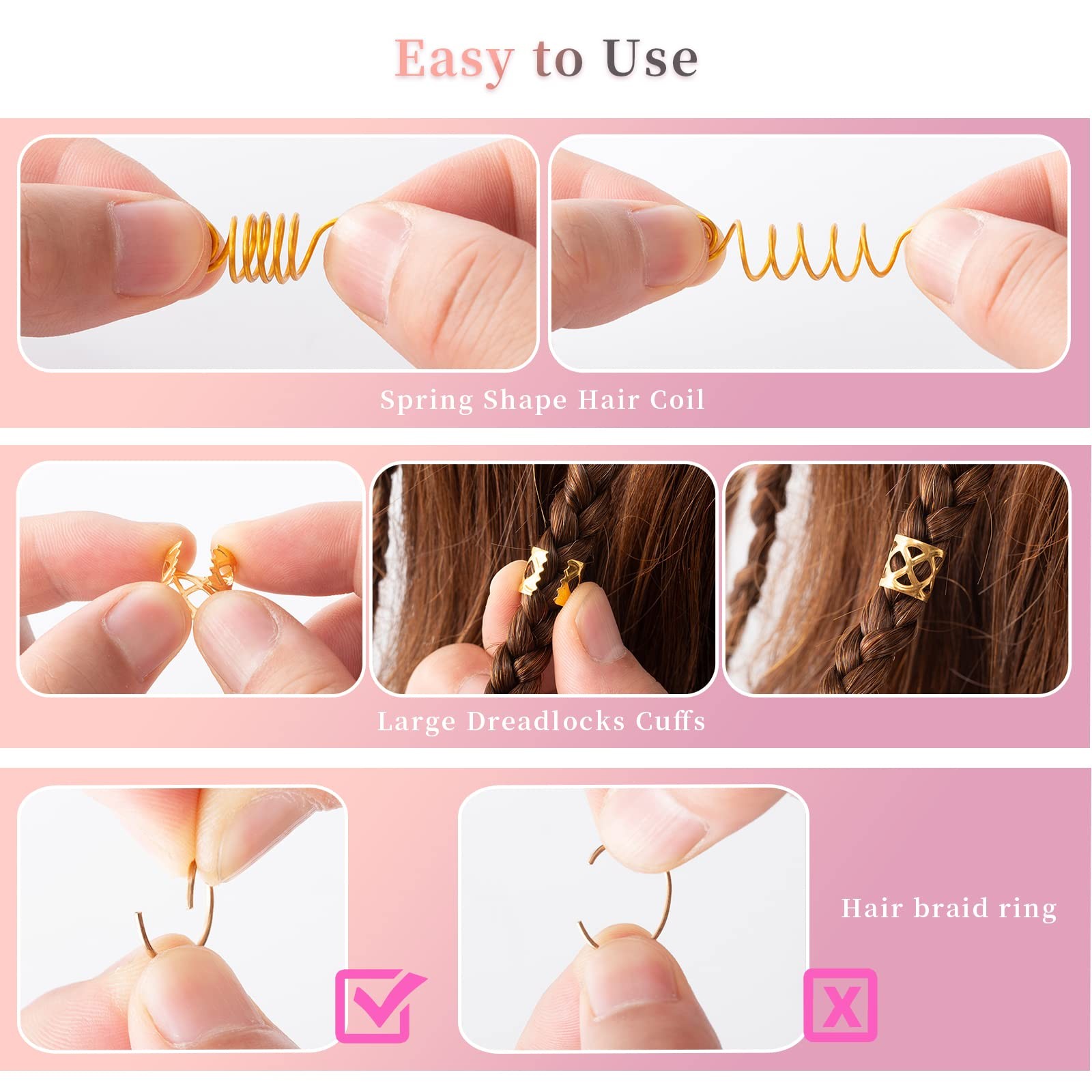 200pcs Hair Beads Jewelry, Dreadlocks Gem Crystal Charms, Metal Coils Rings, Gol