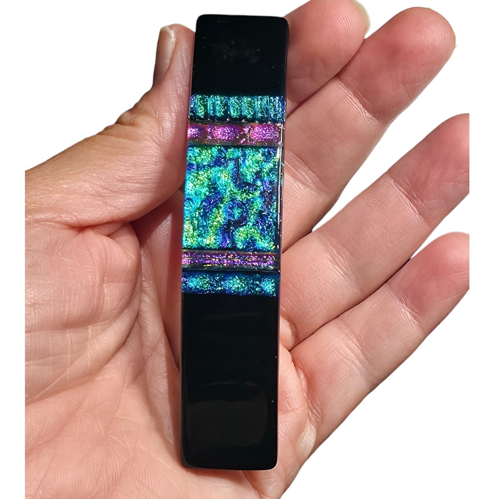 Vintage French Dichroic Art Glass Barrette Hair Clip Blue Green Iridescent Made