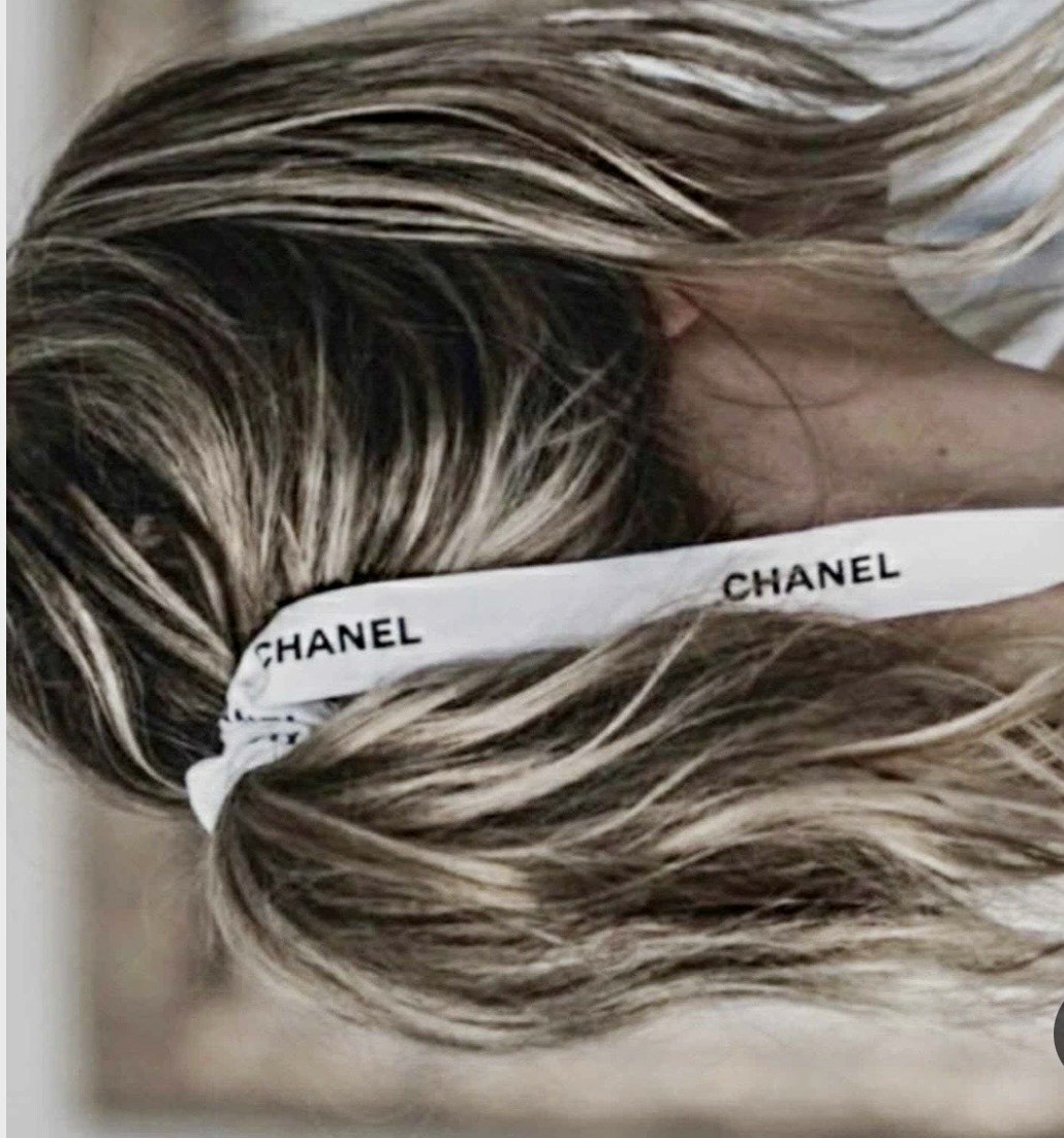 CHANEL Women’s Fabric Hair Ribbon, Pink/Black Logo Pattern Classic Casual