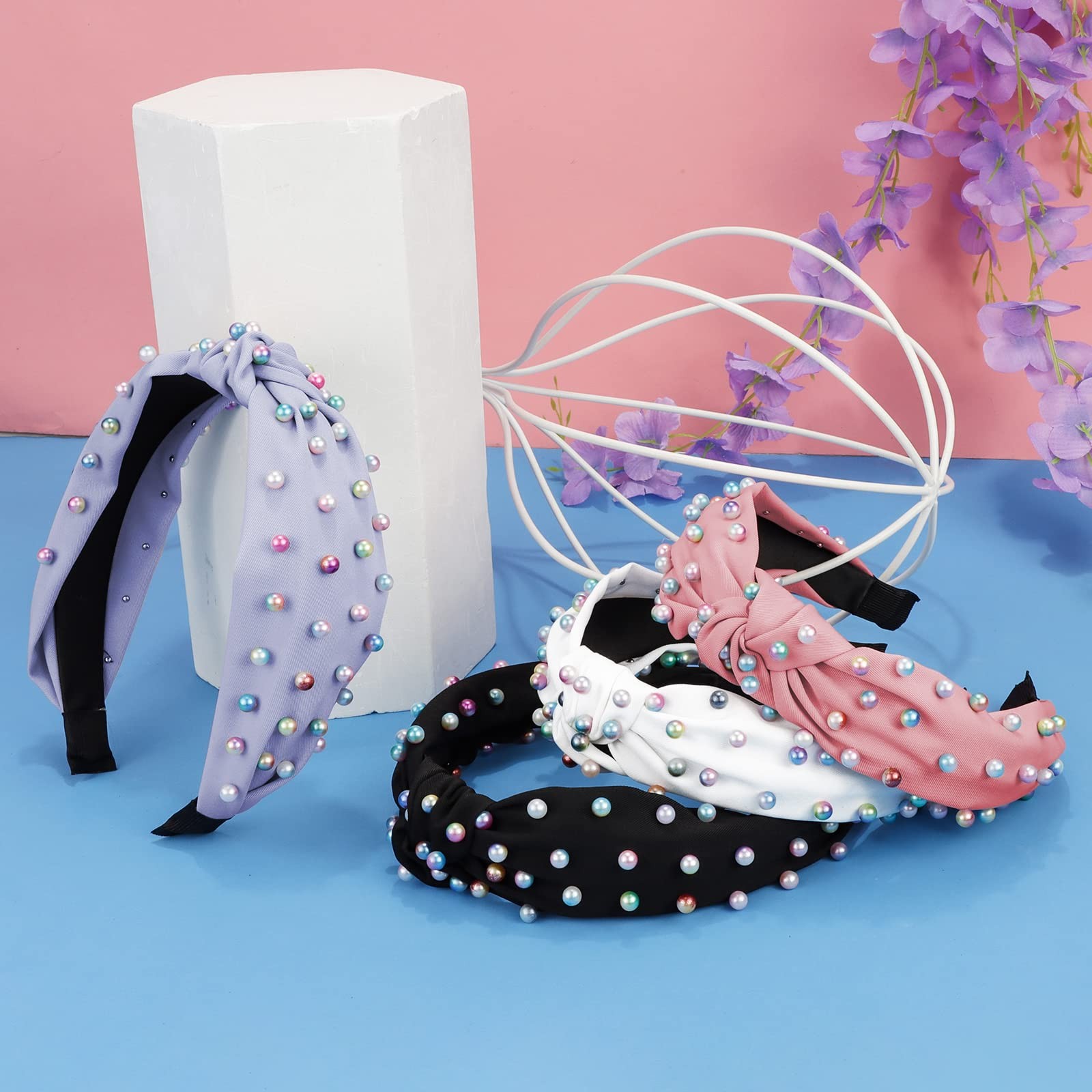4 PCS Pearl Knotted Headbands Womens Girls Colorful Beaded Knot Hair Turban