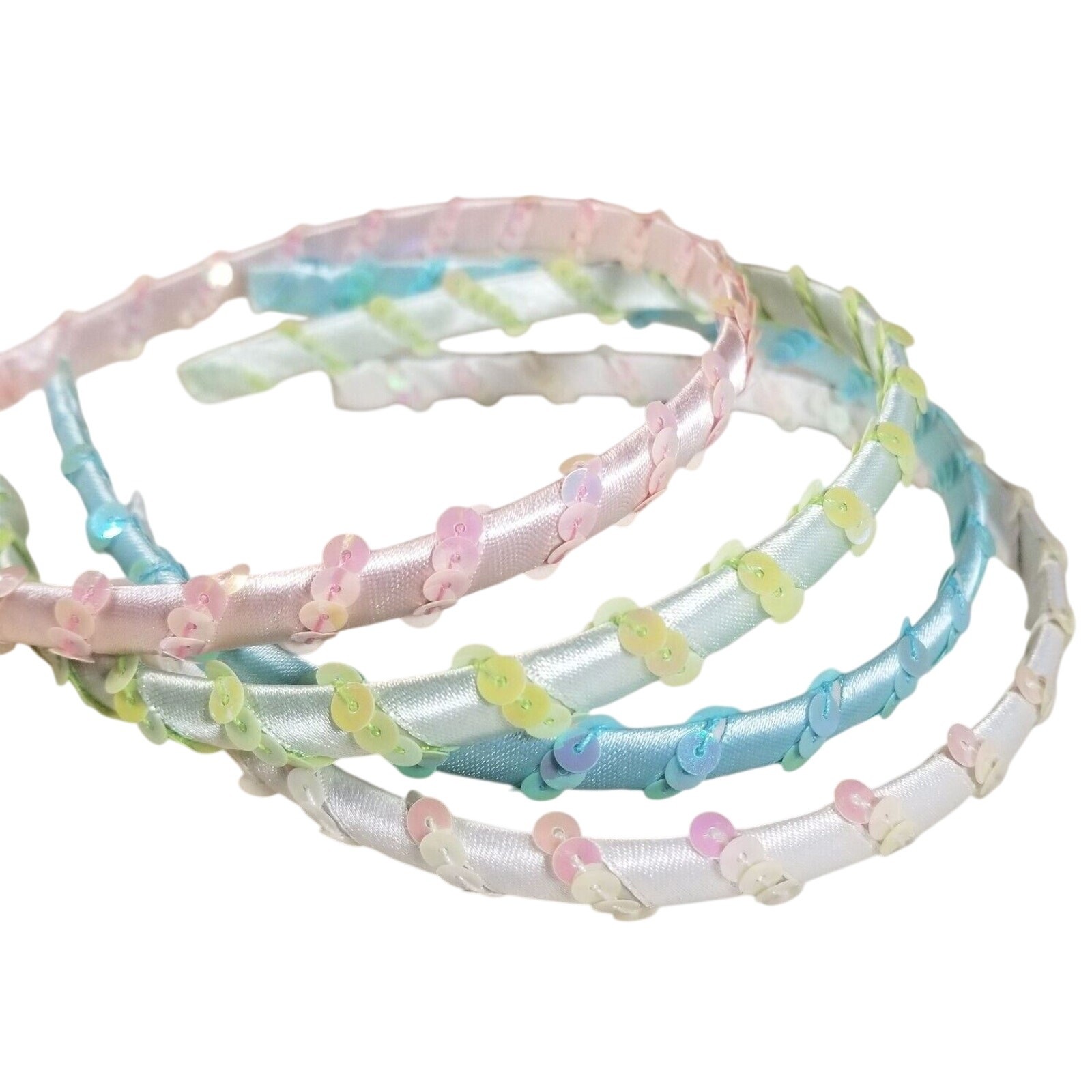 Girls Headbands Lot 4 Pcs 1/2″ Wide Sequin Hairbands Blue Green White Pink