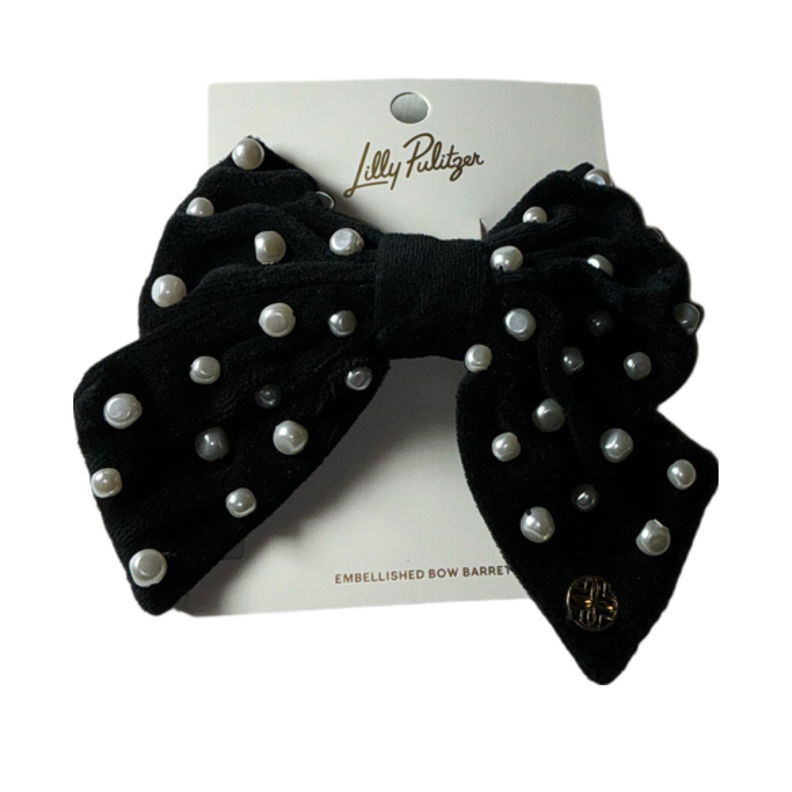 Lilly Pulitzer NWT Embellished Velvet & Pearl Bow Barrette Onyx