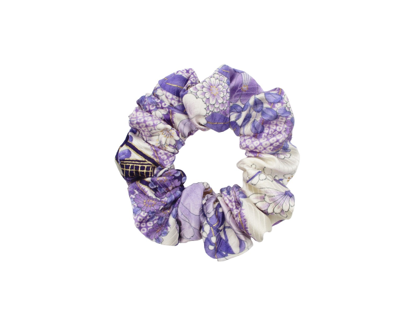 Purple White Floral Silk Kimono Scrunchies, Handmade Upcycled Hair Tie