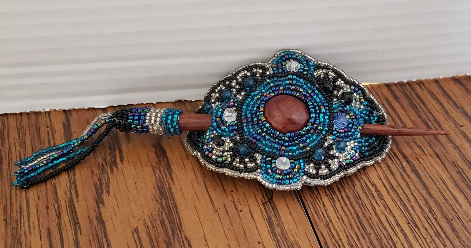 Beaded Hair Clip Stick Blue White Tassel Wooden Center Pick Barrette 2 Piece