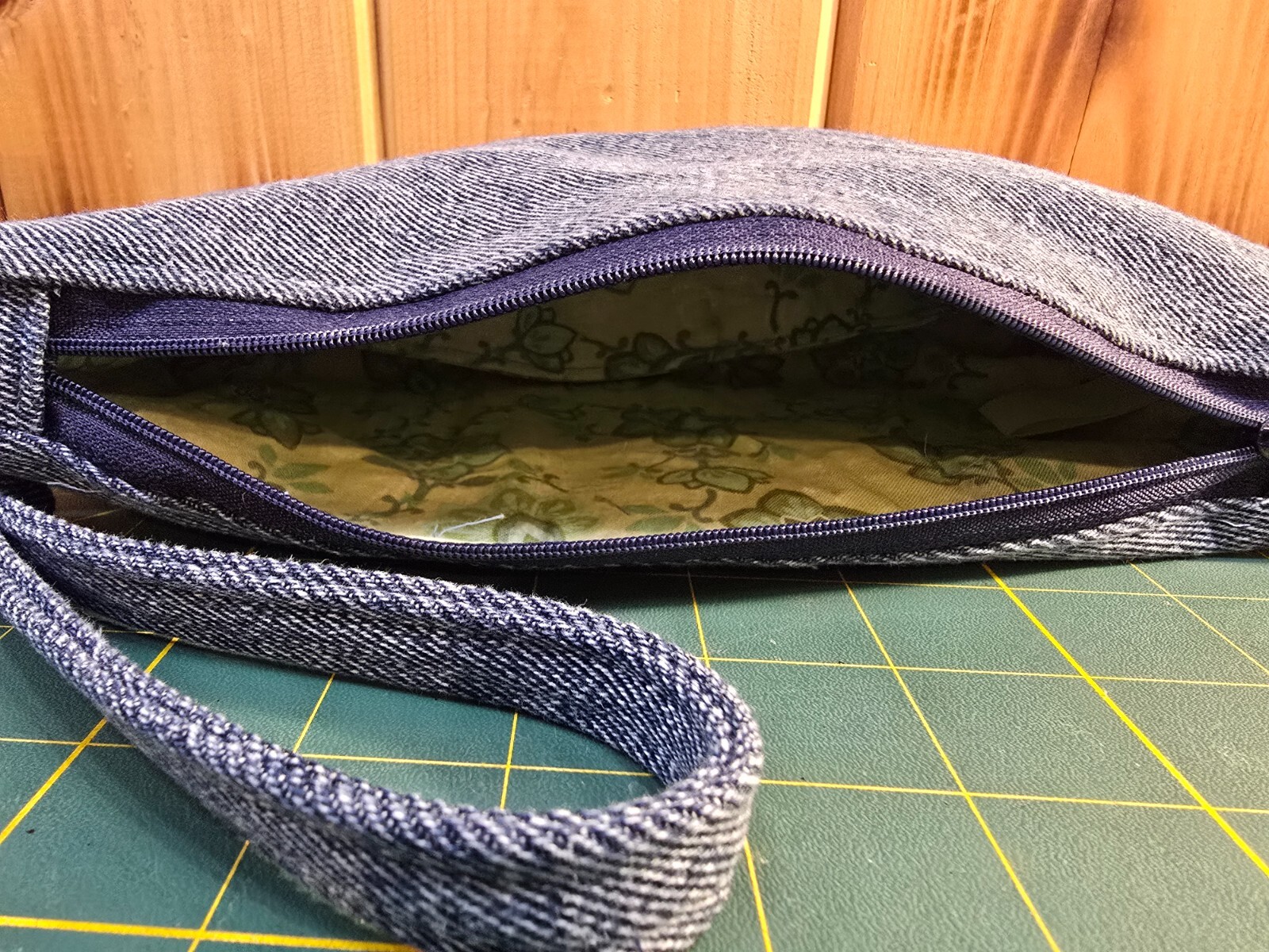 Matching blue denim jean wristlet, zipper bag, and hair scrunchie
