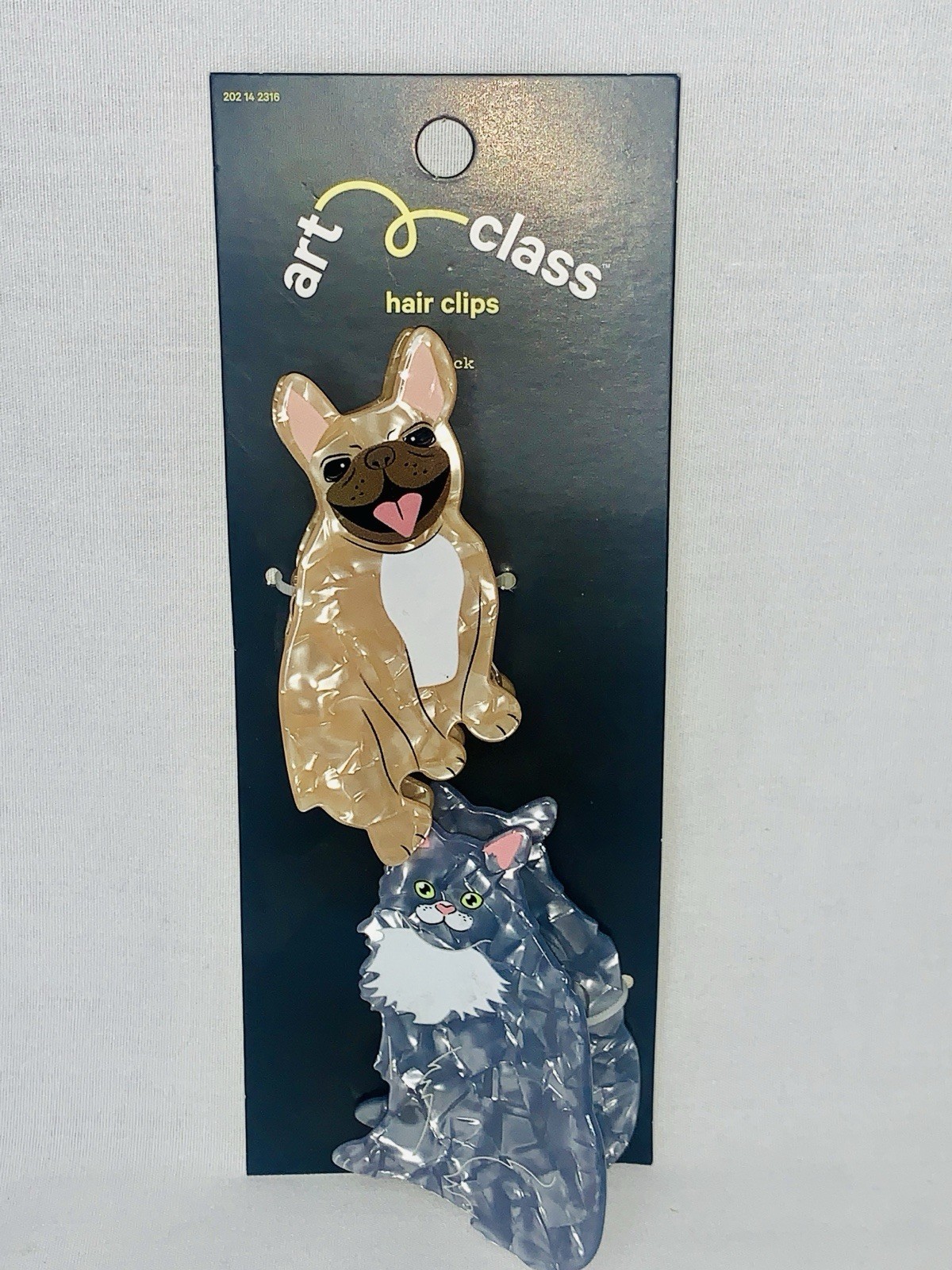 Art Class Hair Clips Set French Bulldog & Gray Cat Acetate Claw Clips Cute NWT