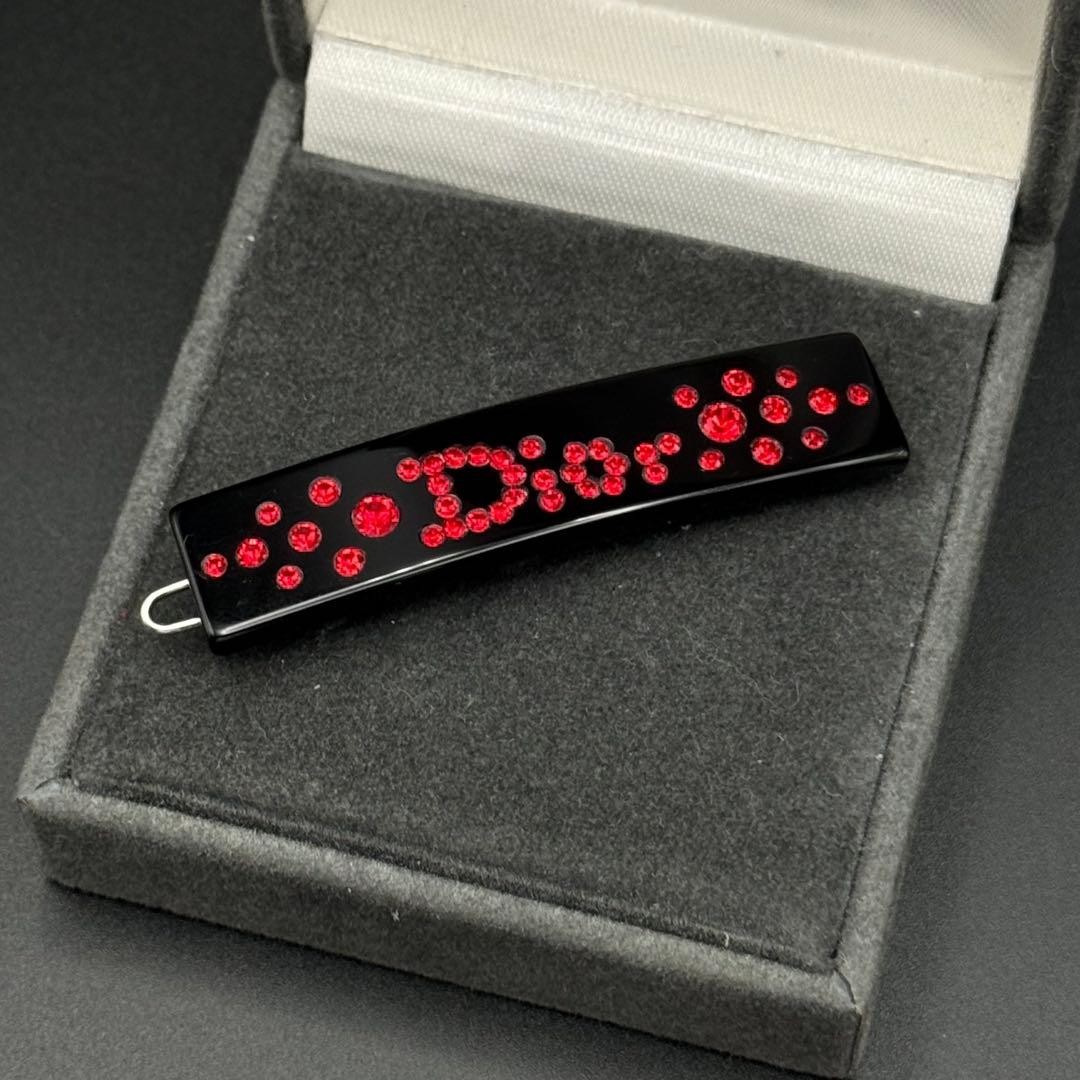 Chiristian Dior Barrette Hair Accessory Logo Black Red Stone From Japan