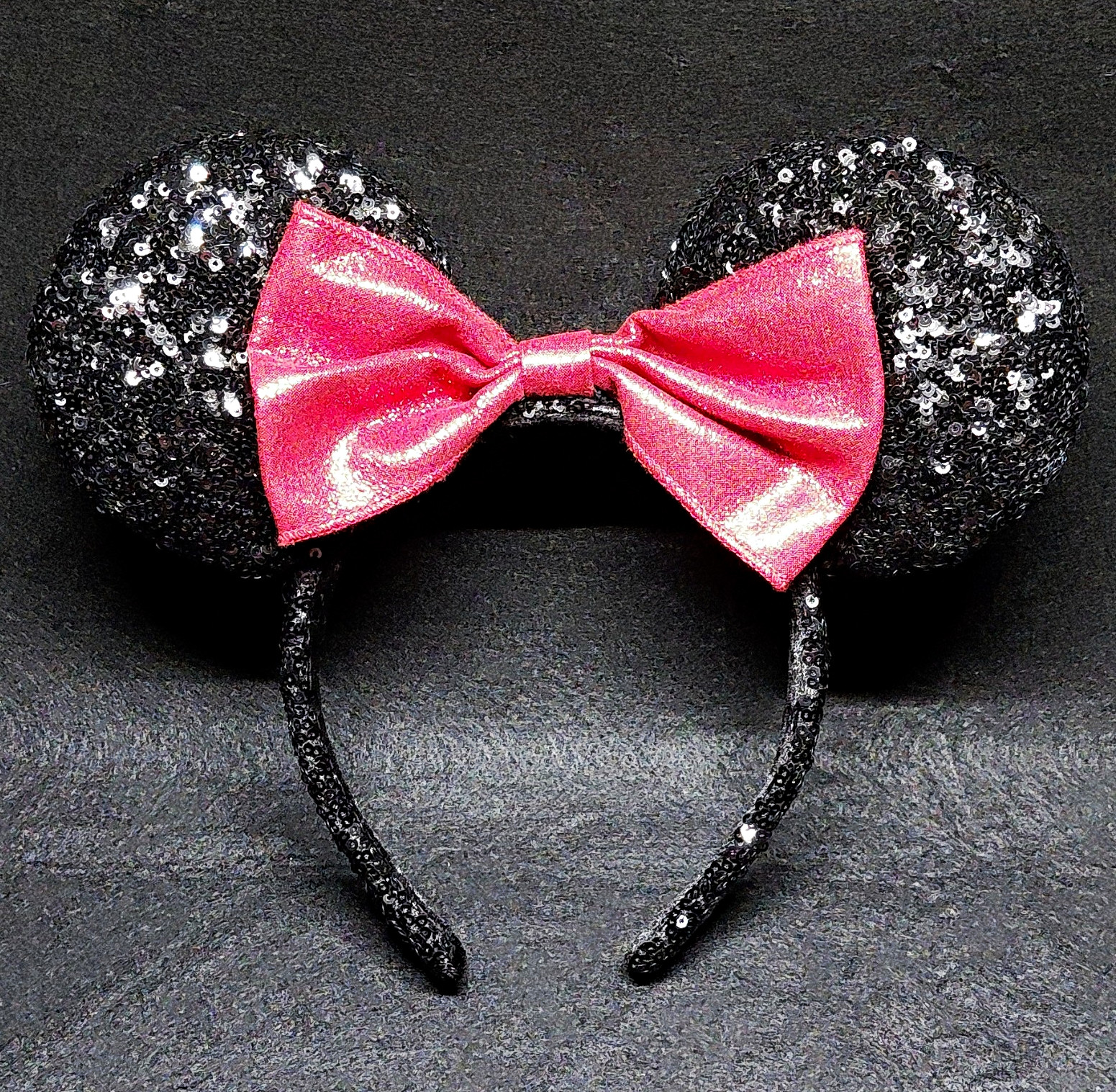 Minnie Mouse Black Sequin Mouse Ears Headband w/ Pink Bow, Glitter Solid