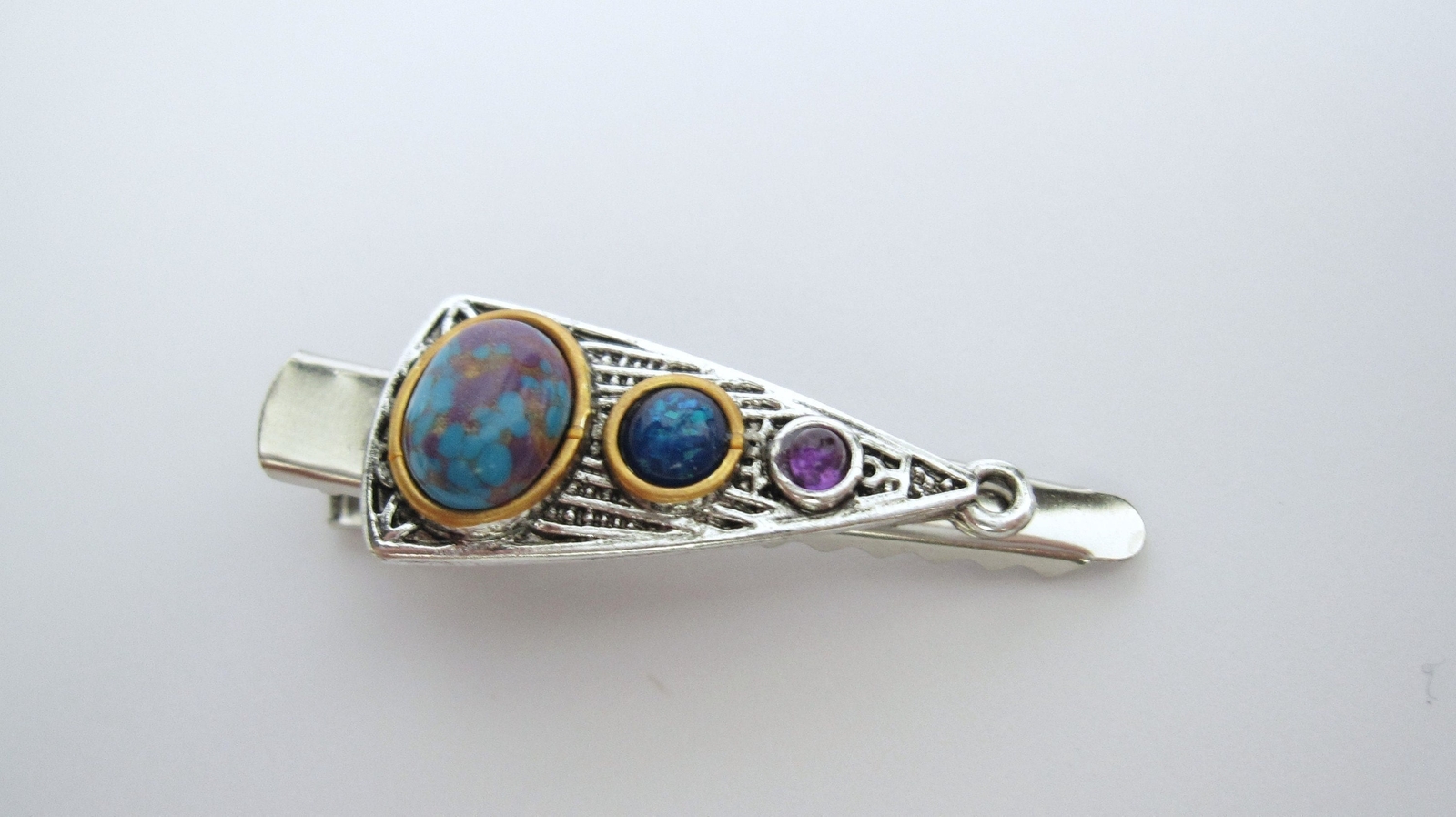 Small turquoise blue and purple stone metal alligator hair clip fine thin hair