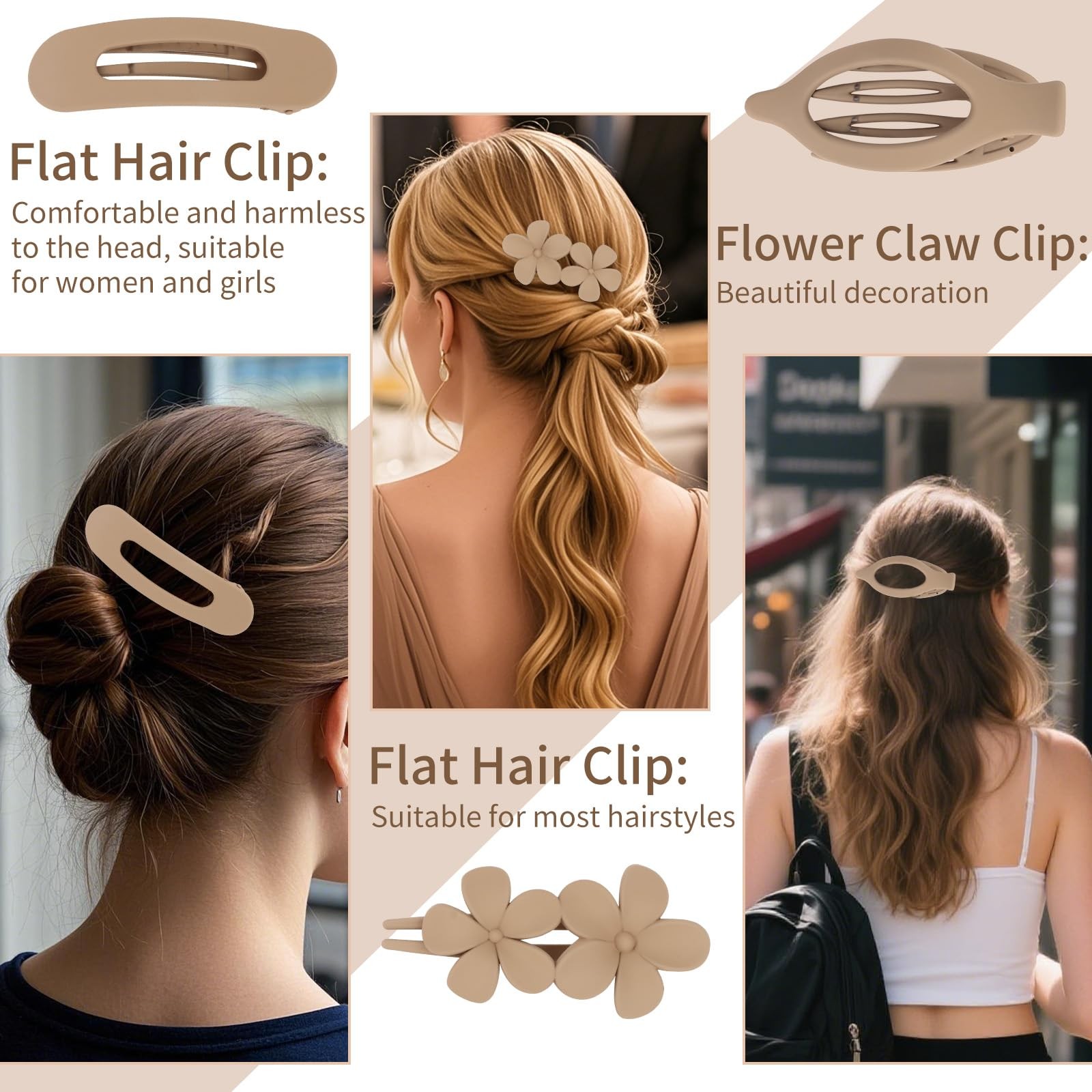 Oblihumoy 10 PCS Flat Hair Clips for Women 5 Styles Non-slip white, brown
