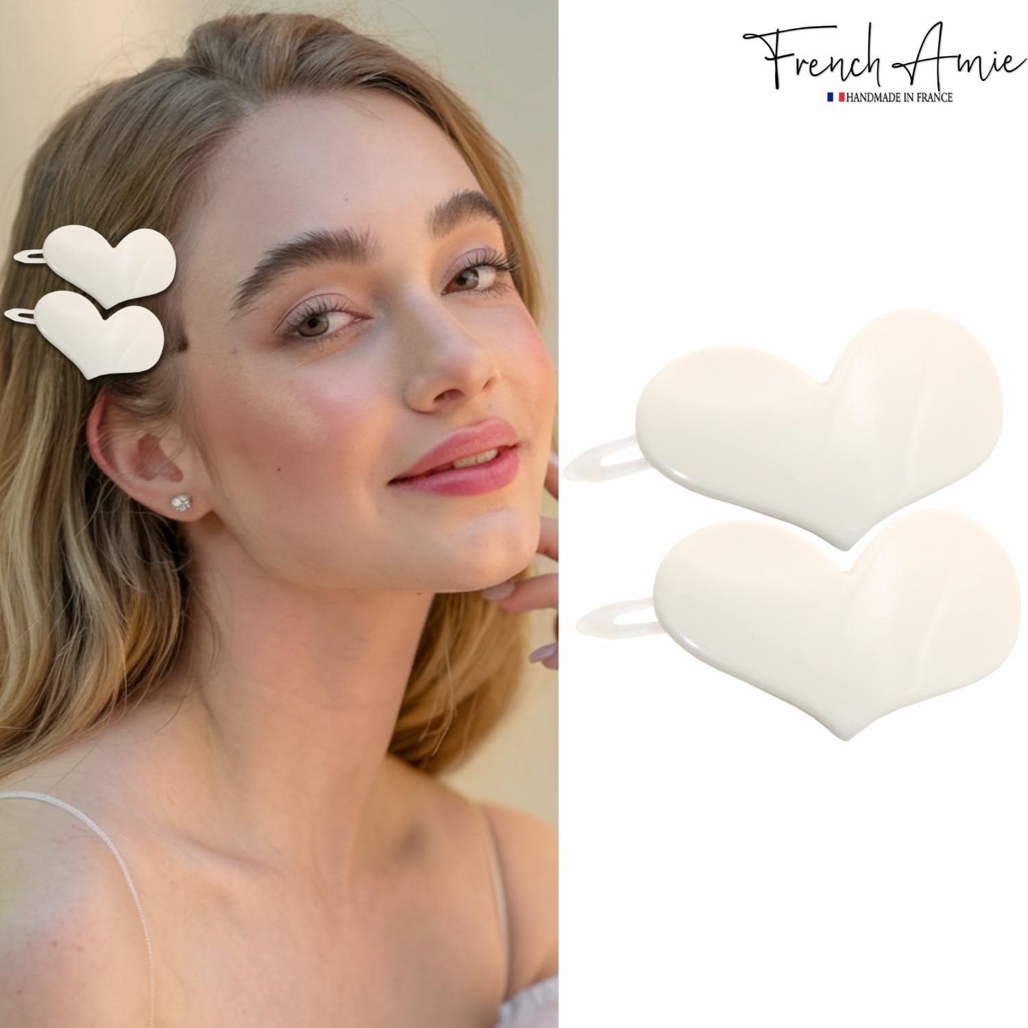French Amie Cupid Hearts Small Celluloid Metal Free Snap Hair Clips – 2 Pcs