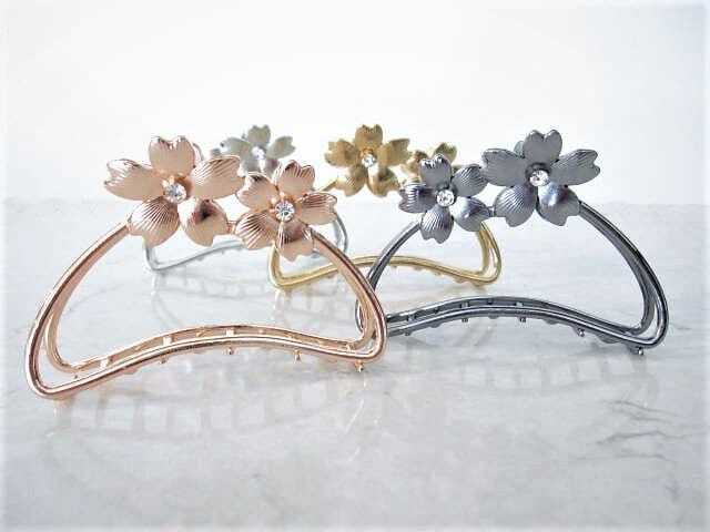 Bronze rose gold silver tone metal hair claw clip with crystals and flowers