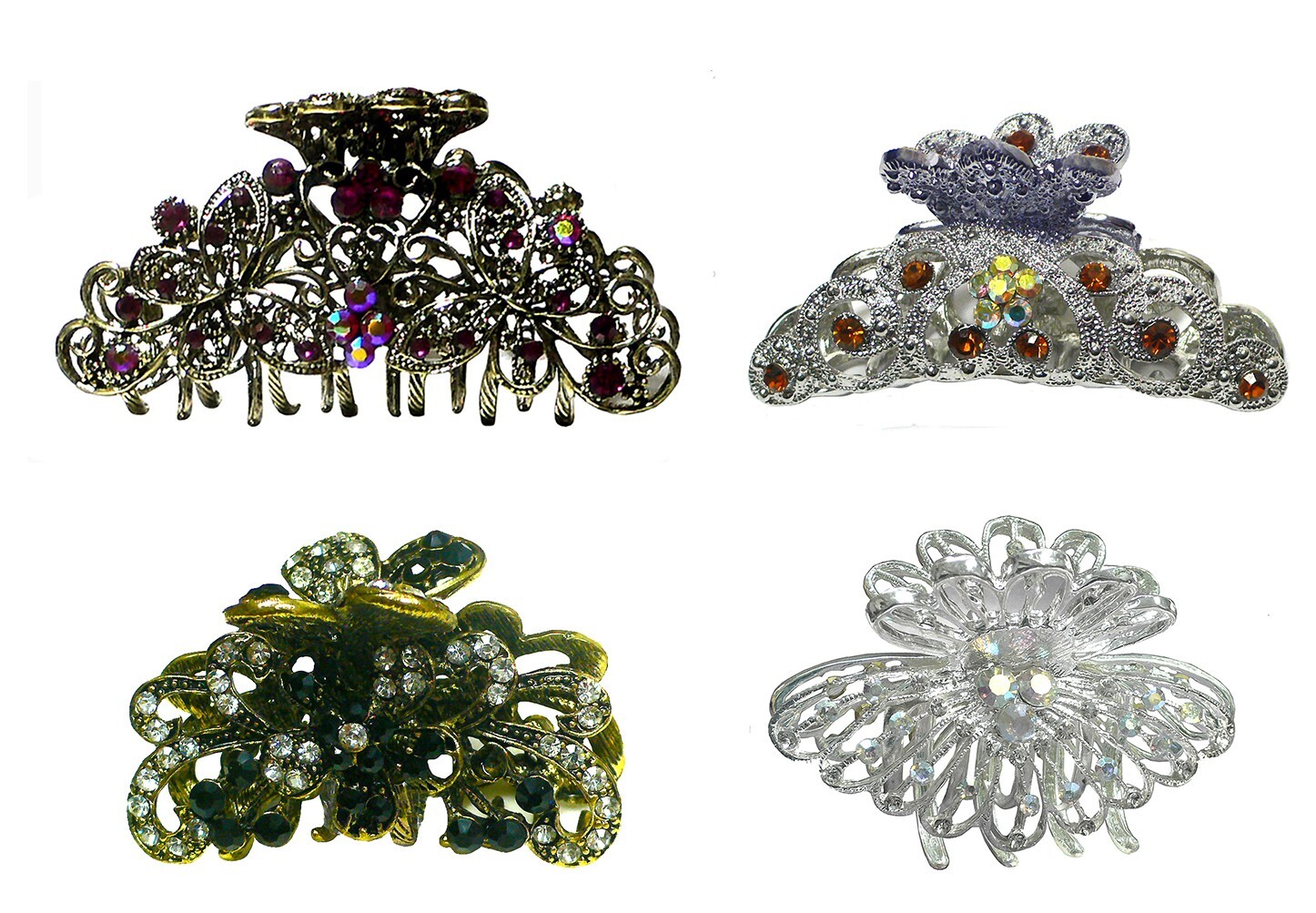 Set of 4 Bella Metal Crystal Jaw Clips Combo 4 Styles Hair Styling 6132-jet1-12