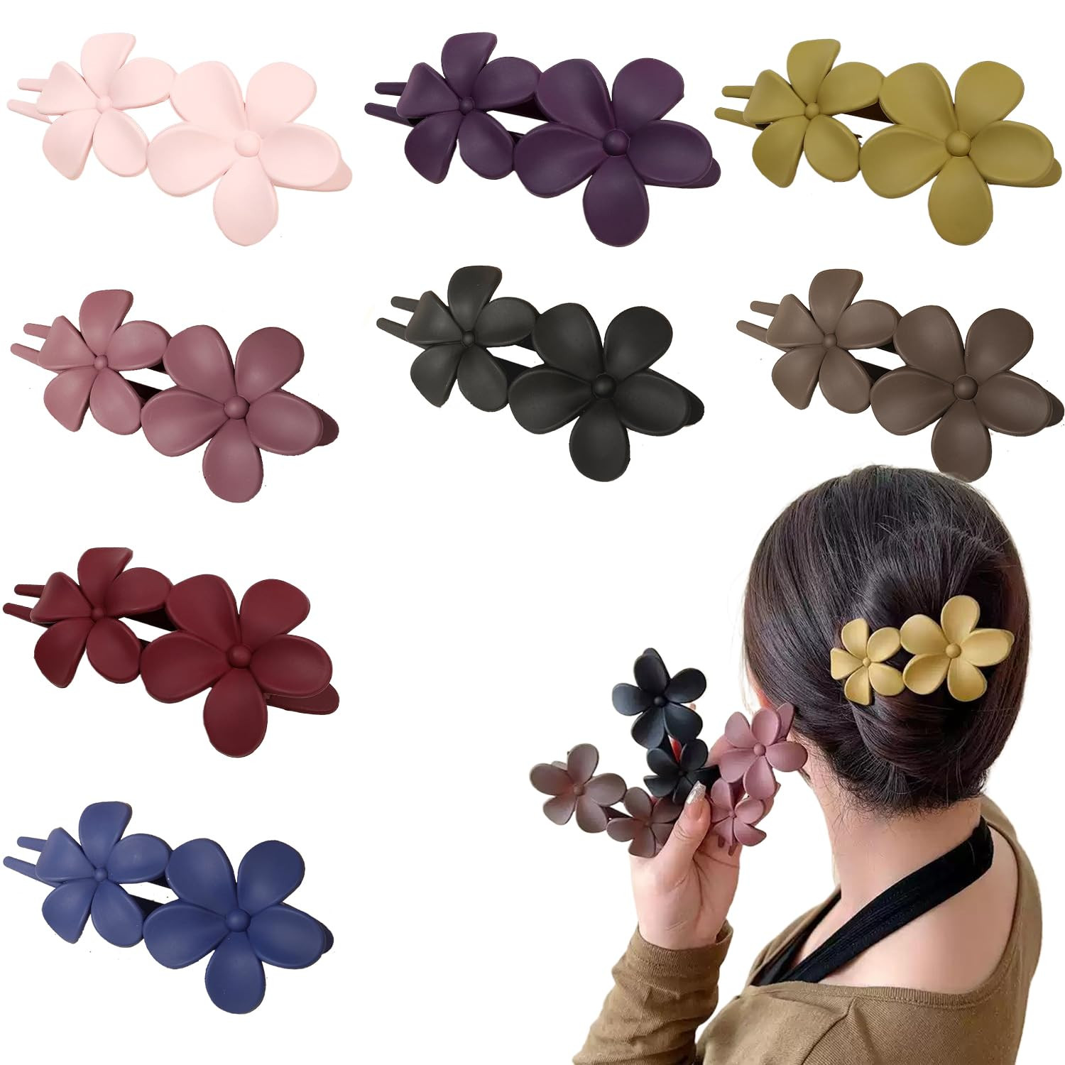 8Pcs Flower Flat Hair Clips, Stylish Lay Flat Claw Clips for Women Girls, Non-Sl