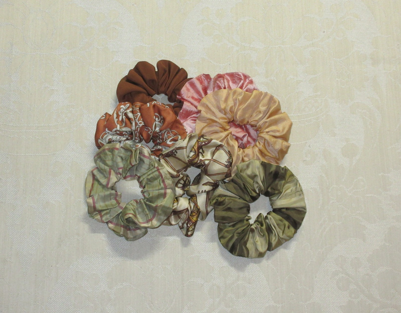 Handmade Boho Multicolor Silk Scarf Scrunchie Lot 7pc Green Pink Brown