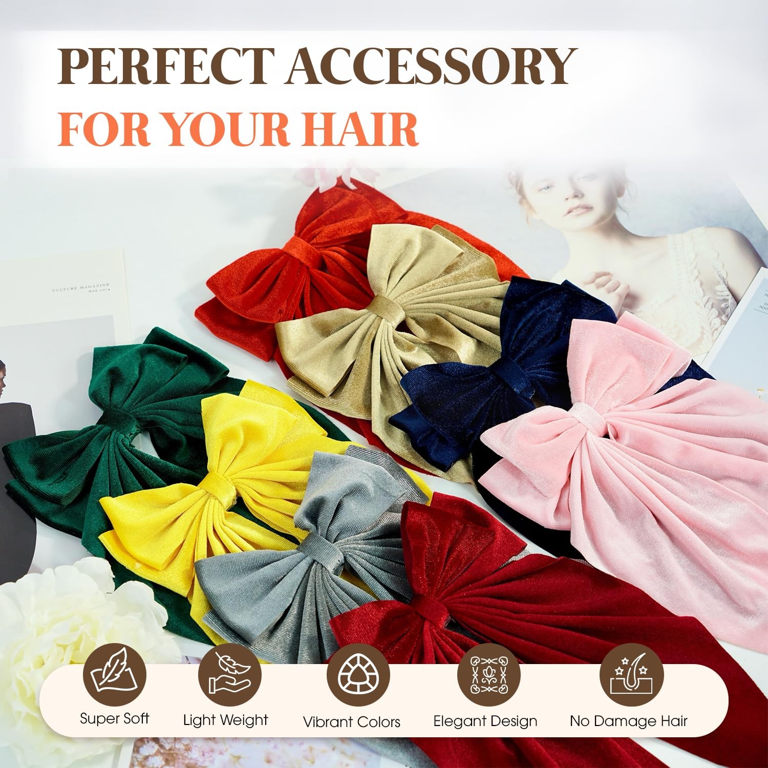 3 PCS Large Velvet Hair Bows Long Tail Alligator Clips Black Red Green