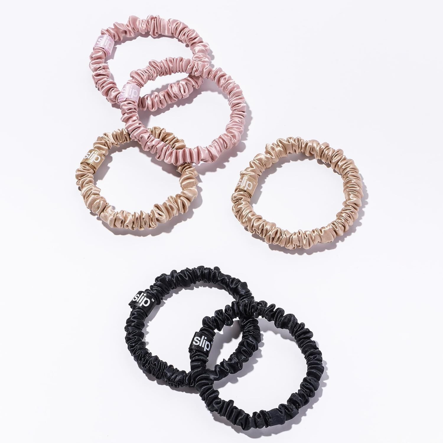 Slip Silk Skinnie Scrunchies in Black, Pink, & Caramel Elastic Scrunch Set of 6