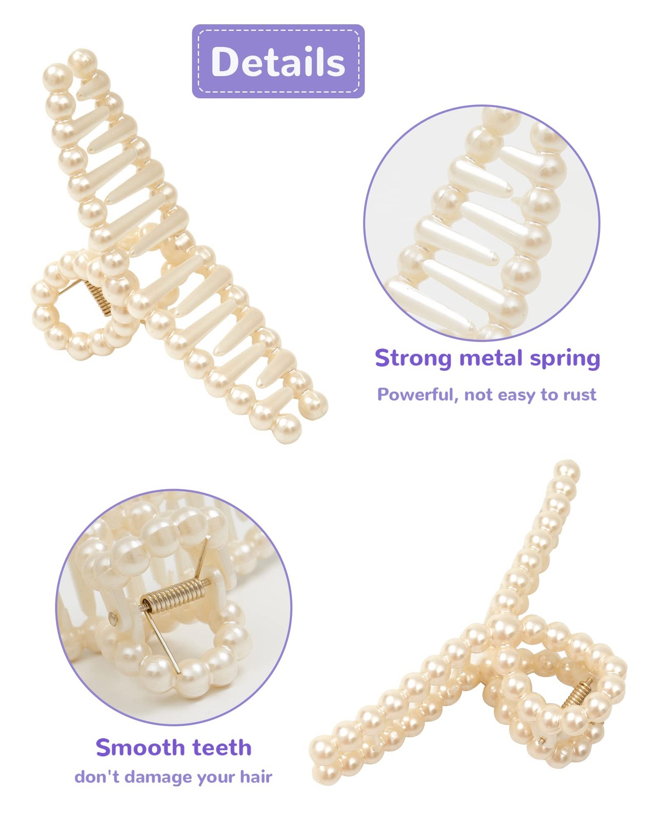 Olldag 6 PACK Large White Pearl Hair Claws, Strong Hold Non-Slip Jaw Barrette…