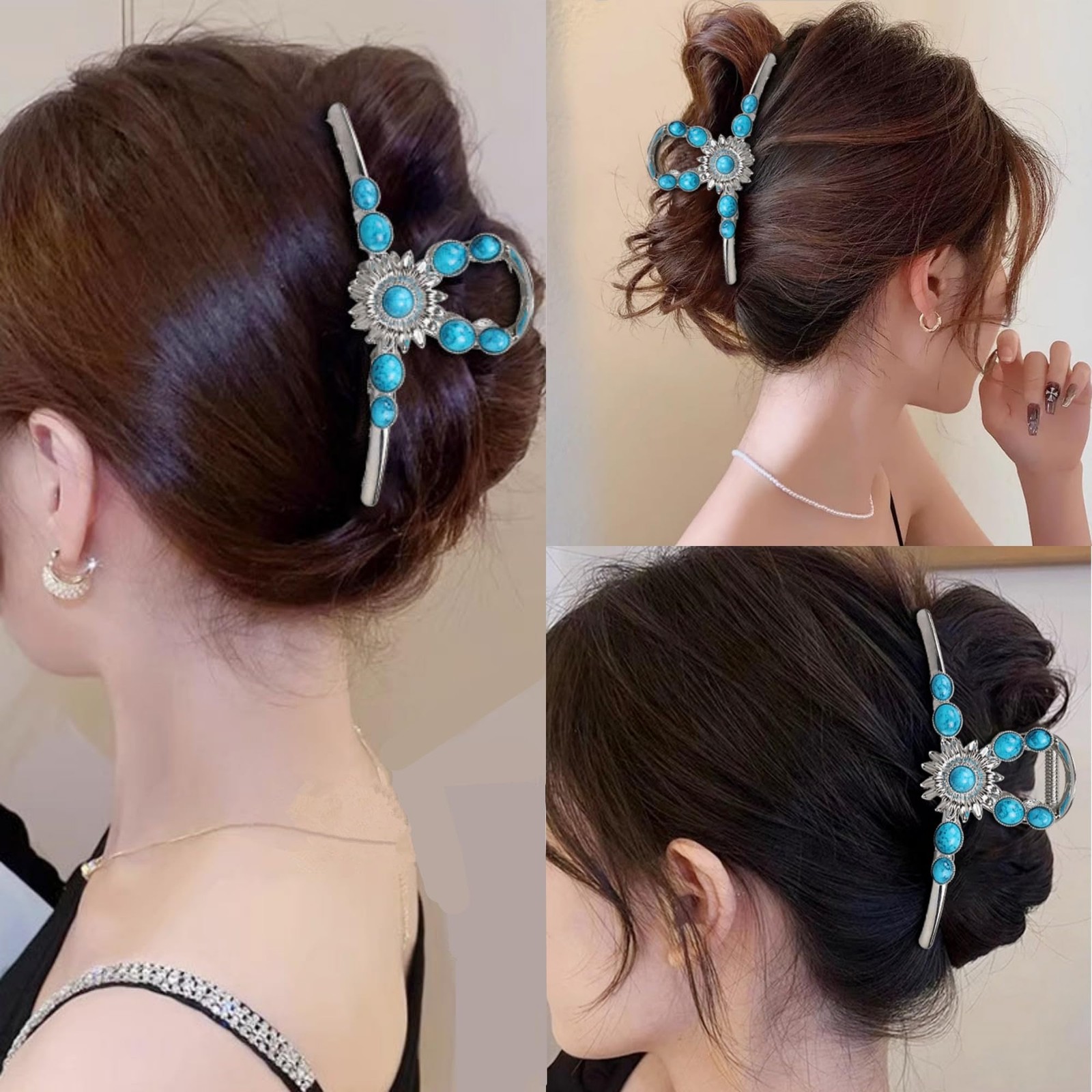 Turquoise Blue Stone Hair Clips, Large Metal Retro Sun Flower Style Claw