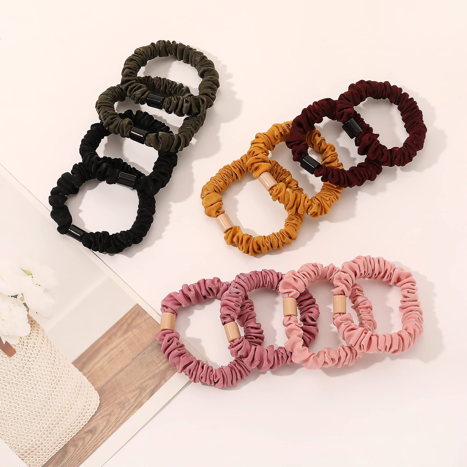 Silk Hair Ties Scrunchies – Small 1 Count (Pack of 12), Colorful Black Pink