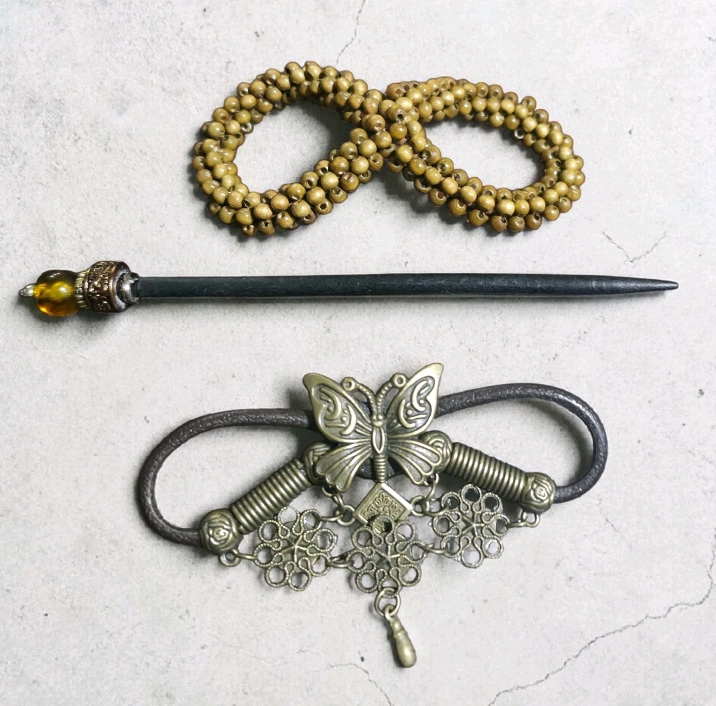Vintage Boho Hair Accessories Lot Wood Bead Bun Wrap Butterfly Ponytail…