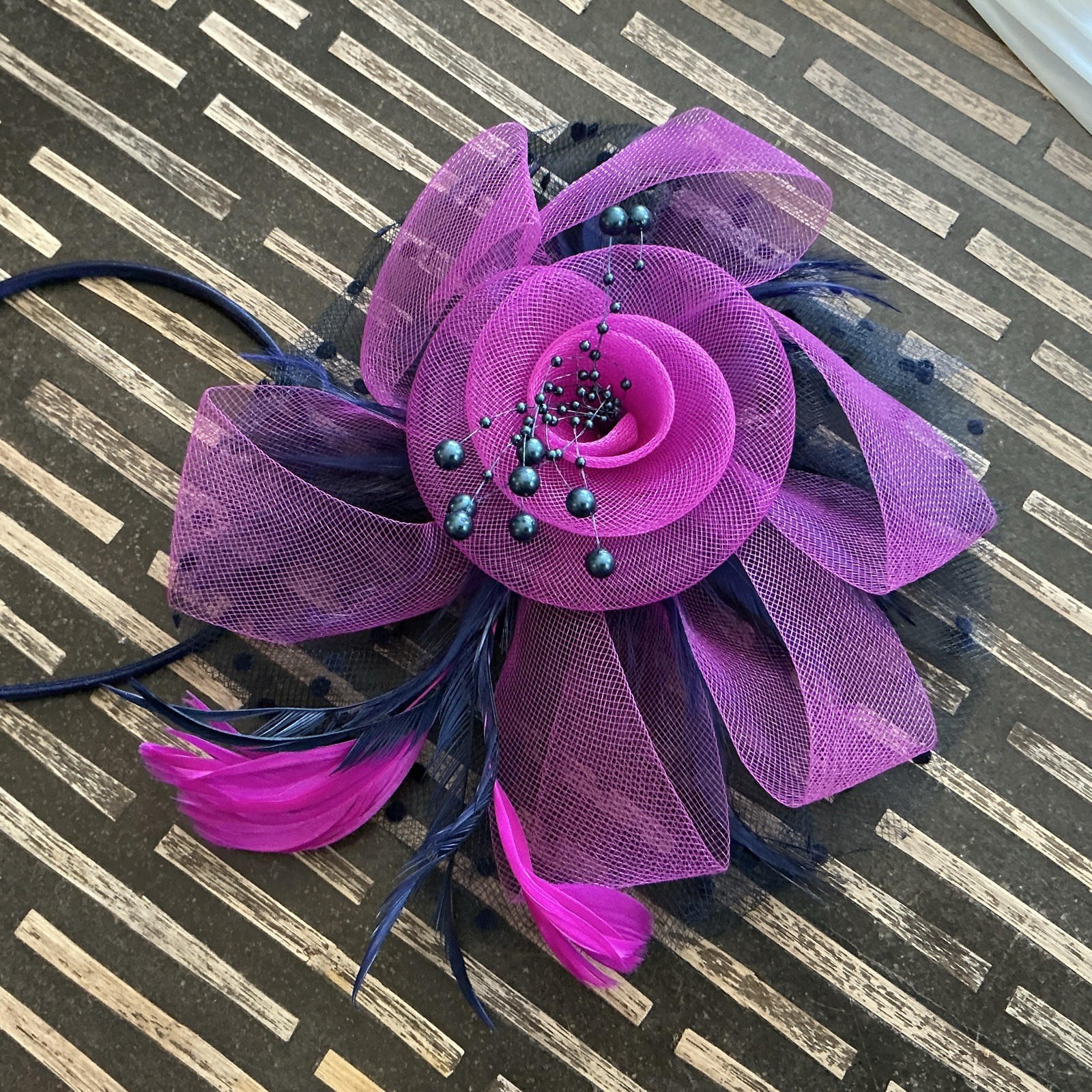 Purple Pink Blue Flower Barrette wPolka Dot Mesh Feather Beads +Headband