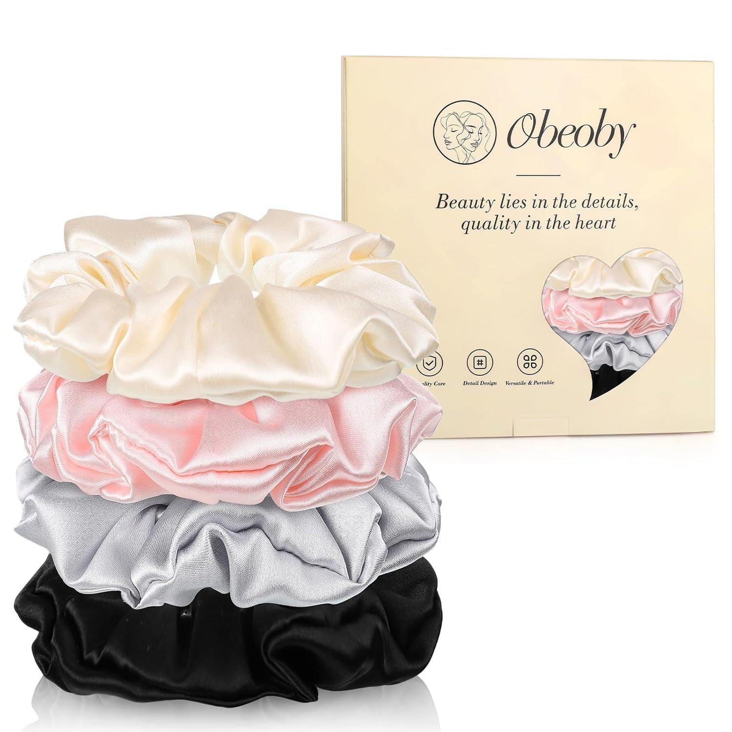 4 Pack 100% Mulberry Silk Scrunchies, Silk Hair Ties 19 Momme Silk Scrunchies fo
