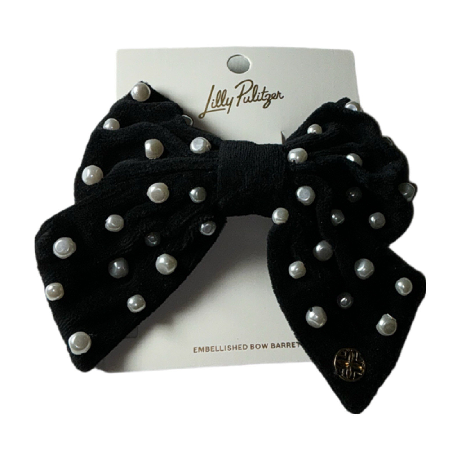 Lilly Pulitzer NWT Embellished Velvet & Pearl Bow Barrette Onyx
