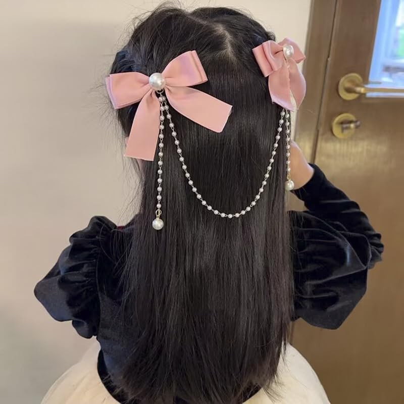 Hair Bow Accessories for Girls Women Tassel Ribbon Pink Hair Bow with Pearls