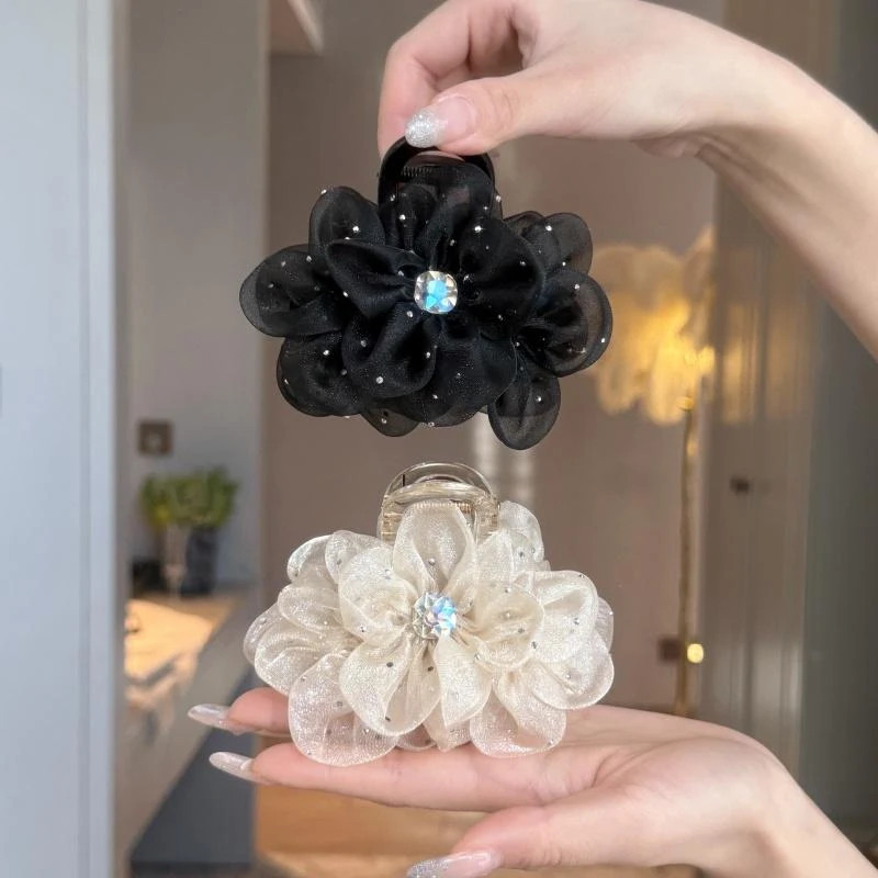 1/2/3Pcs Elegant Mesh Flower Rhinestone Hair Clip for Woman Korean Style Shark C
