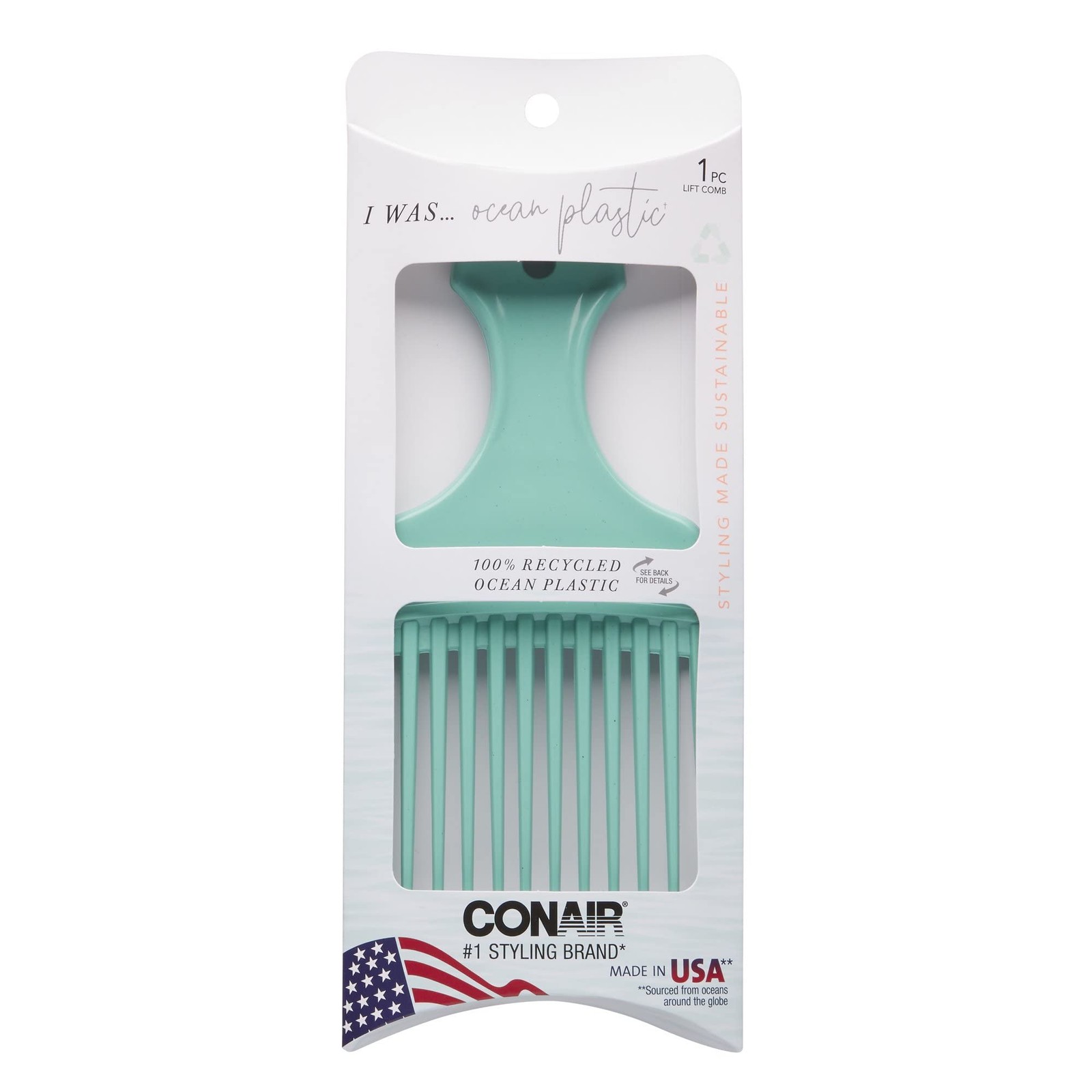 Conair Upcycled Mint Green Hair Comb Eco-friendly Toothed Hair Pick