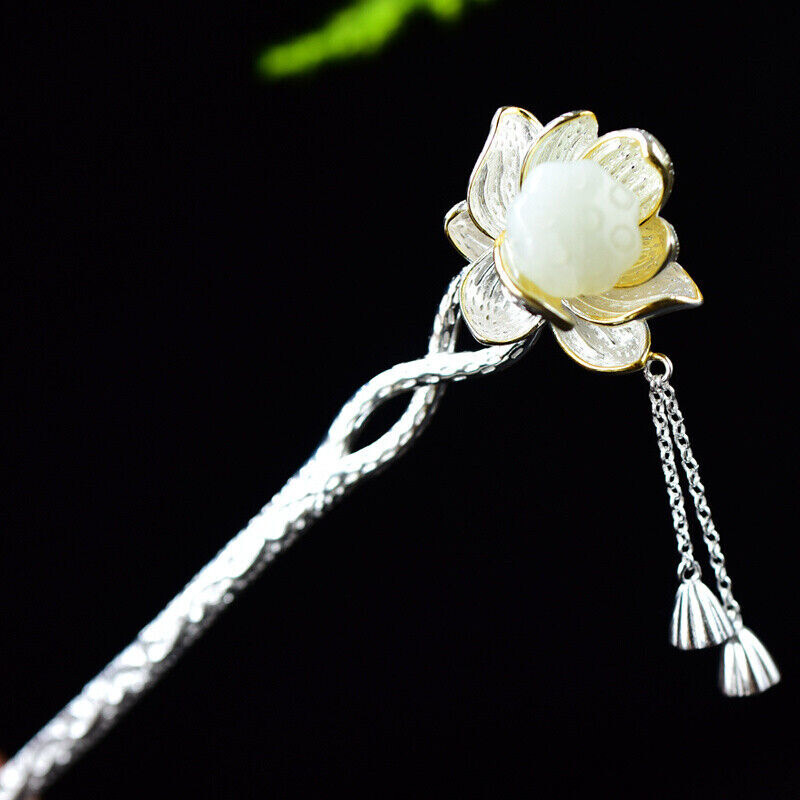S925 Silver Chinese Hetian Jade Lotus Hairpin Hanfu Hair Stick Retro for Women