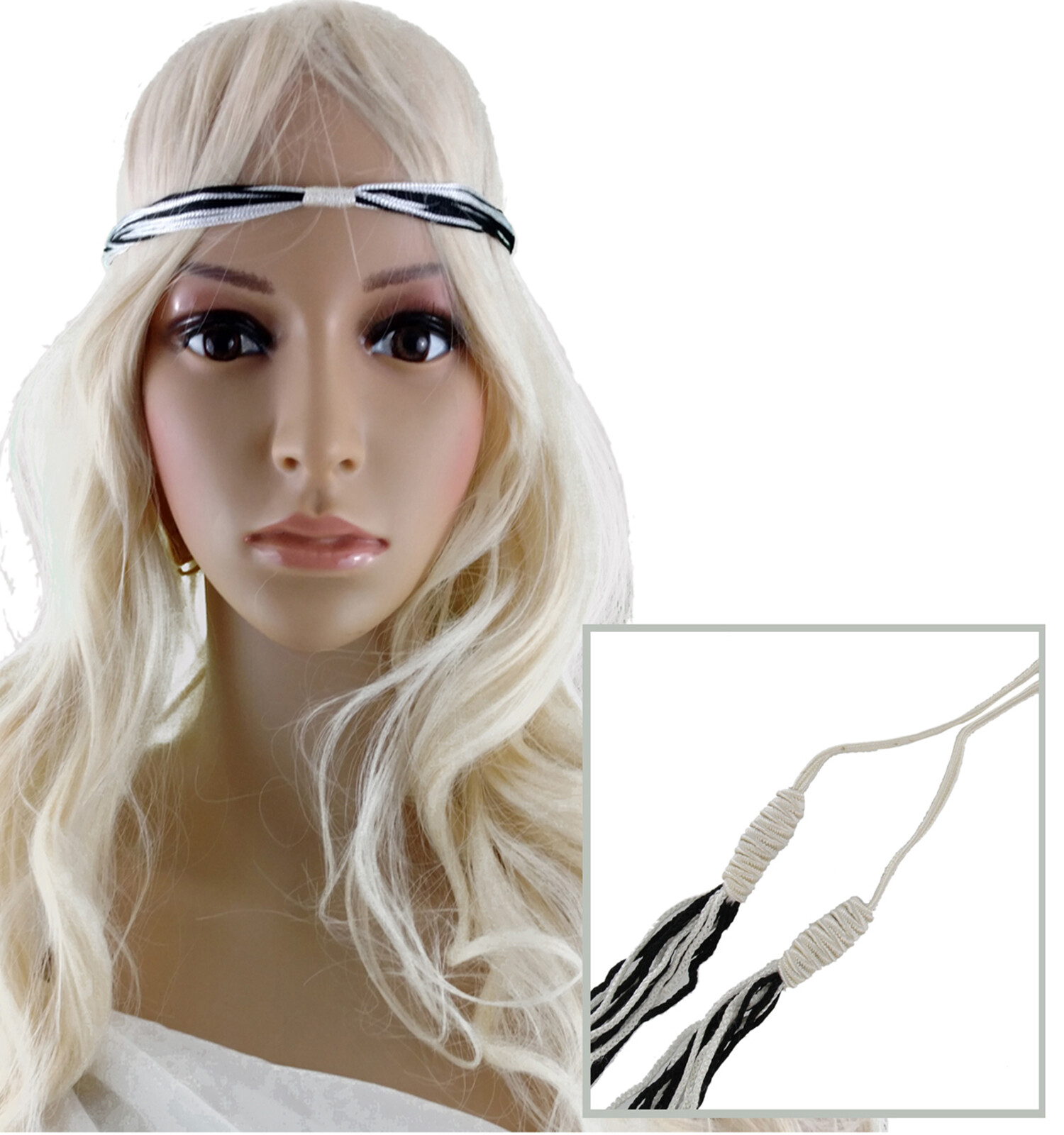 Bohemian Black And White Multi Strand String Stretch Headband Flapper Gatsby