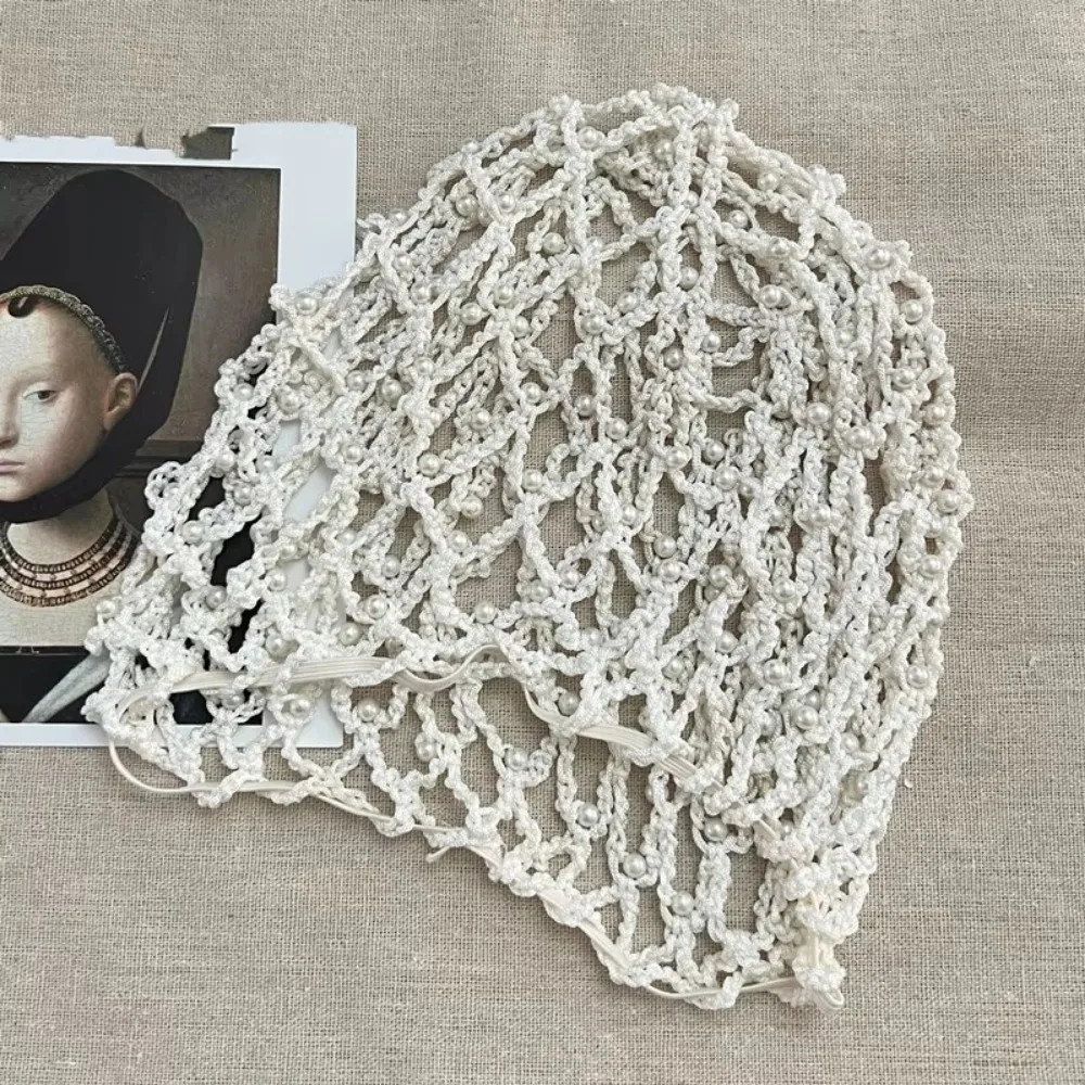 Crochet Hairnet Hair Net French Mesh Fish Net Snood with Pearls Women