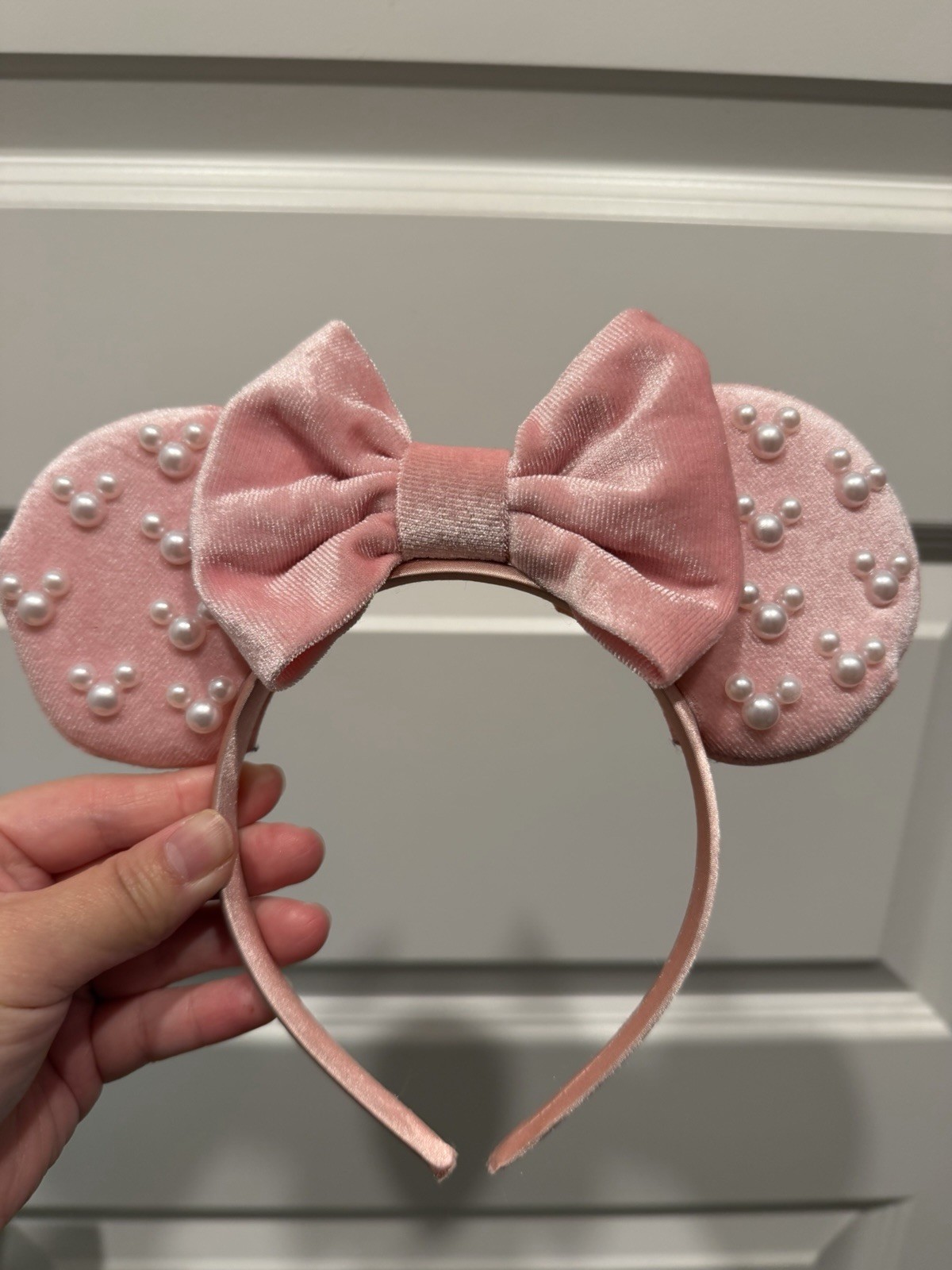 Toddler Pink Velvet Mouse Ears Headband w/ Bow & Beaded Pearl Accents Solid