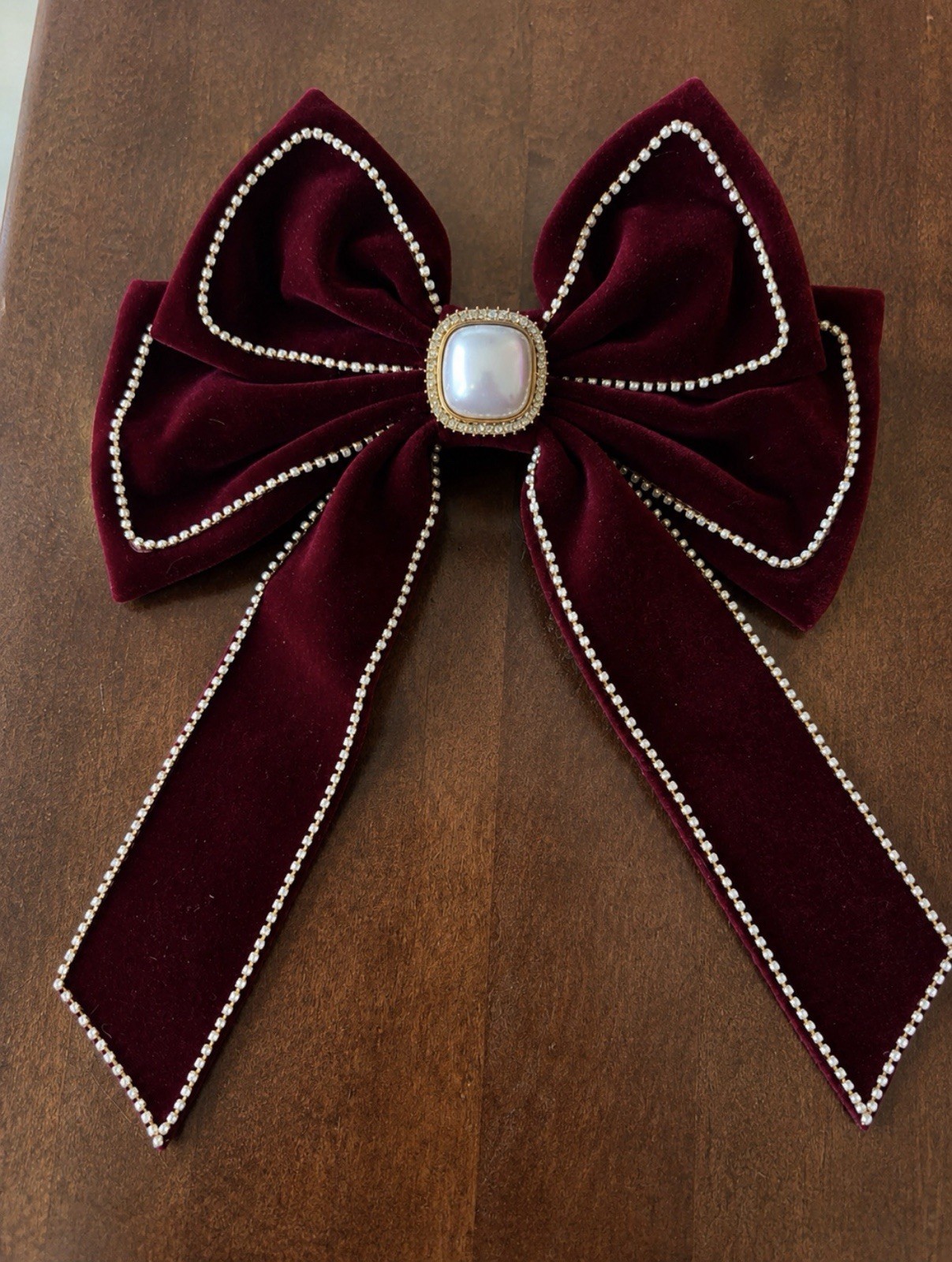 Burgundy Velvet Bow Barrette Hair Clip w/ Faux Pearl Center & Rhinestones