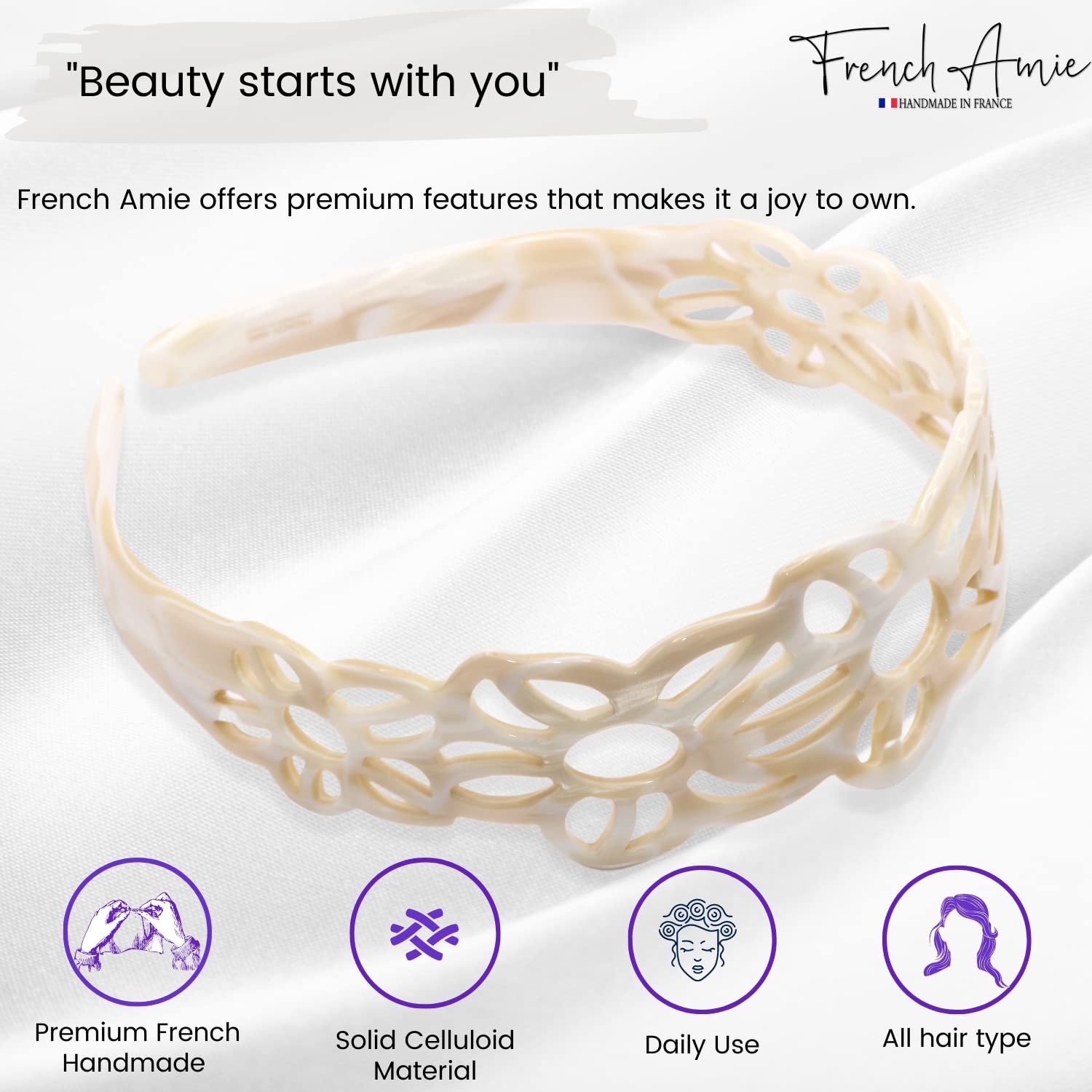 French Amie Flower Wide 1 1/2″ Celluloid Handmade Flexible Headbands