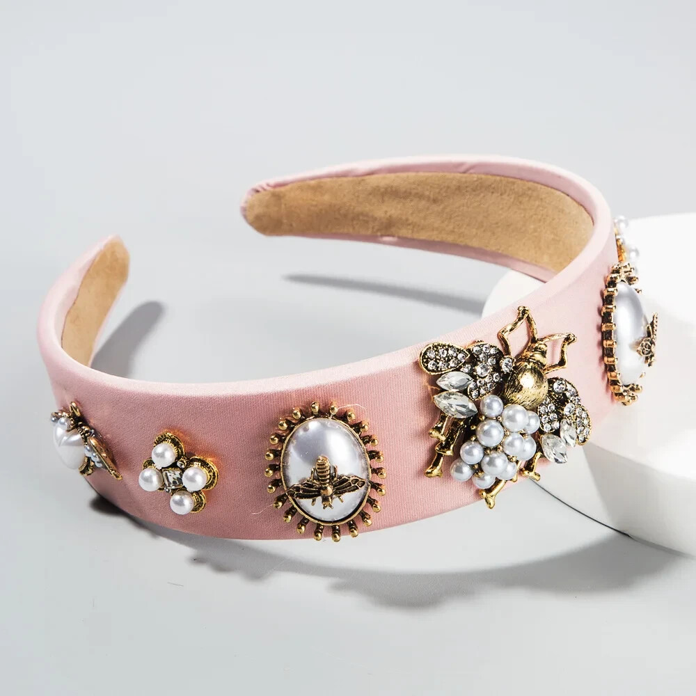 LUXURY HANDMADE PALE PINK HEADBAND WITH RHINESTONES, WHITE PEARLS AND BEES
