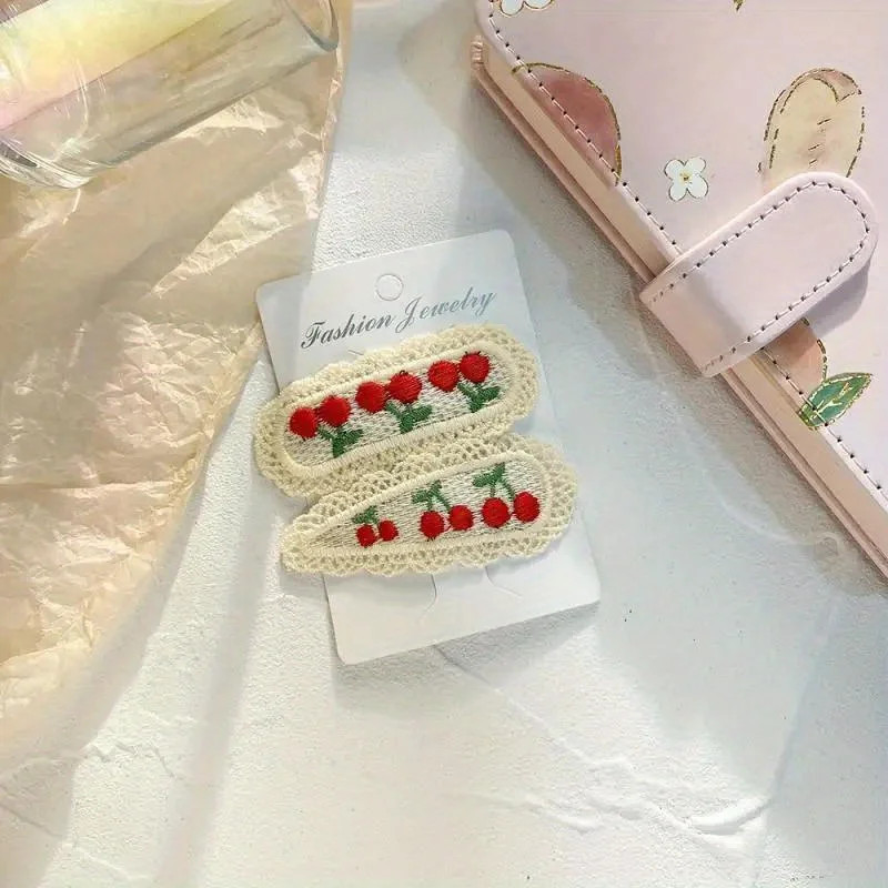 2Pcs Cute Hairpins, Colorful Knitted Cherry and Strawberry Hairpins, Lace Floral