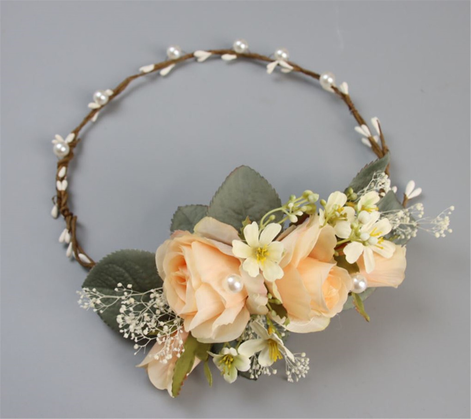 Women Beige Champagne Flower Bride Party Hair Headband Crown Garland