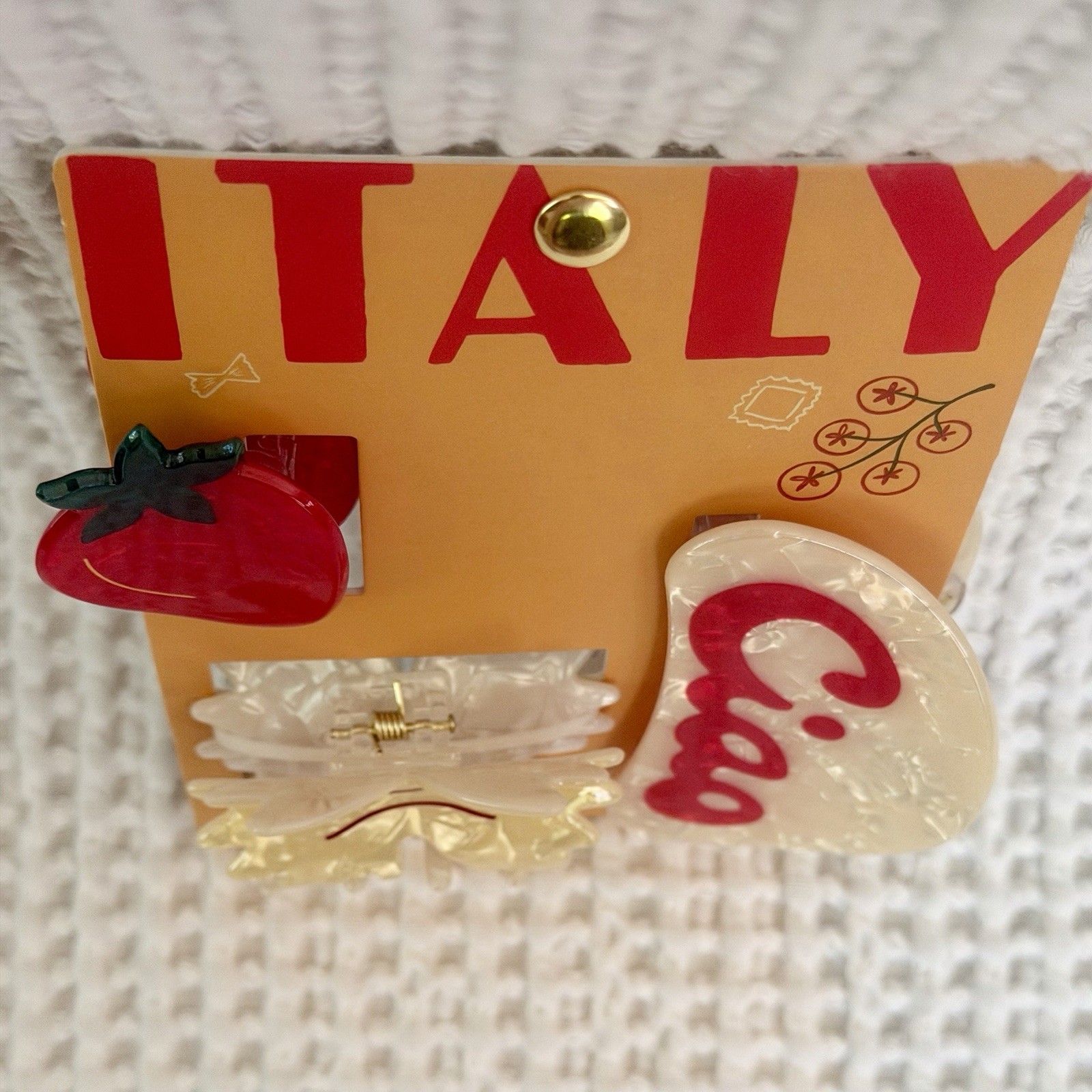 Italian Theme Hair Clips 3pc Red Tomato Pearlescent Farfalle Bowtie Pasta Ciao
