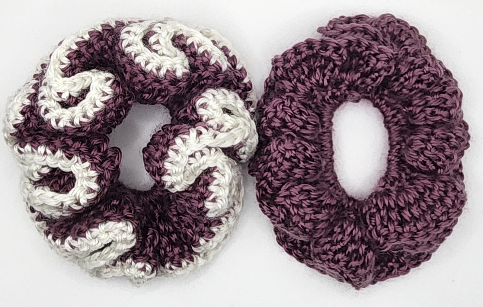 Jumbo Purple and White Crochet Scrunchie Bundle Handmade Ruffle Hair Ties