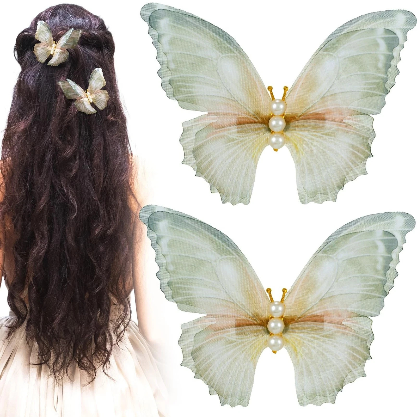 2 Pcs Green Butterfly Clips, 3D Moving Wings Butterfly Hair Clips, Pearl Stro…