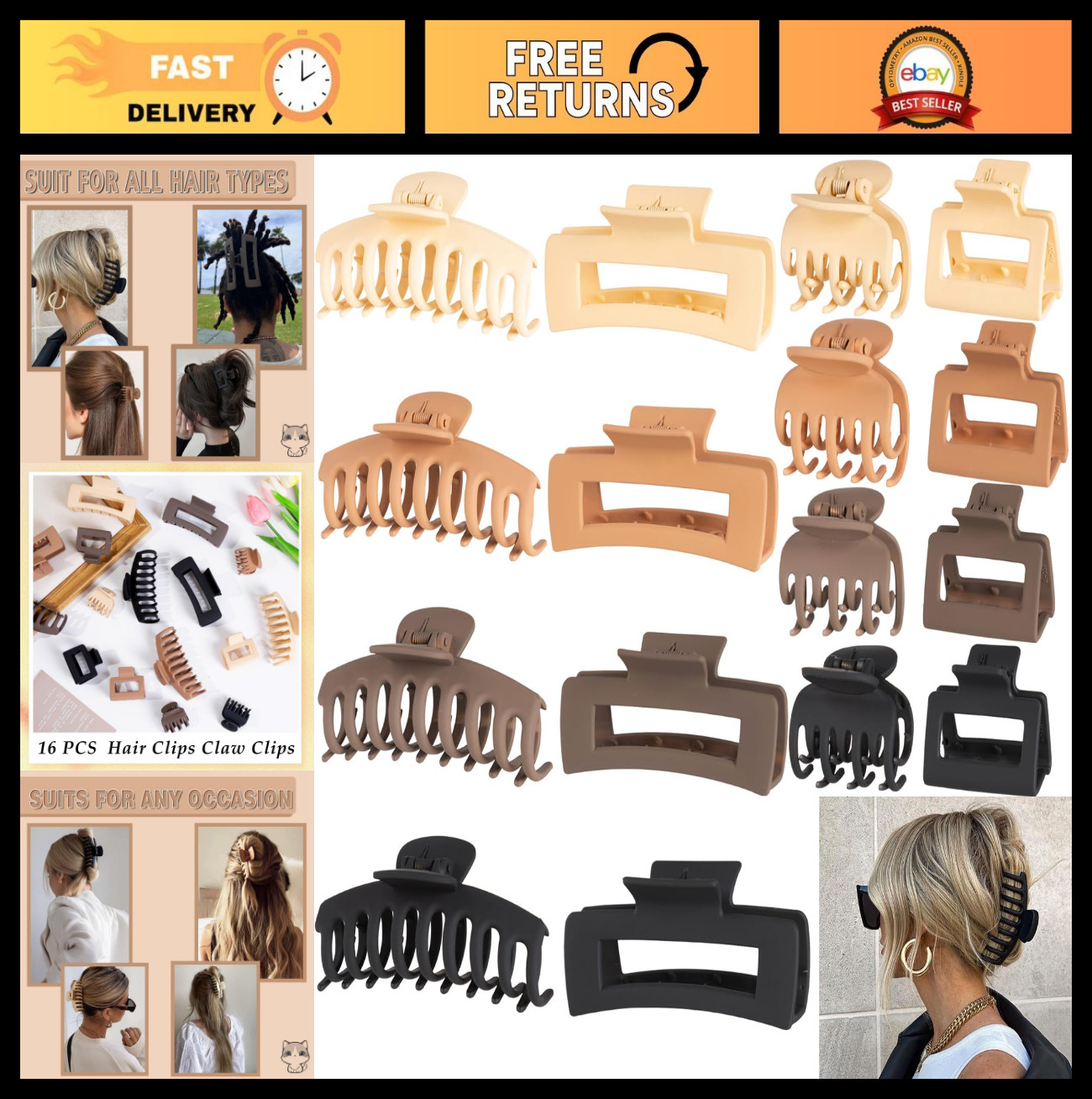 16 PCS Large Matte Claw Hair Clips for Women & Girls – Strong Hold, 90’s Vintage