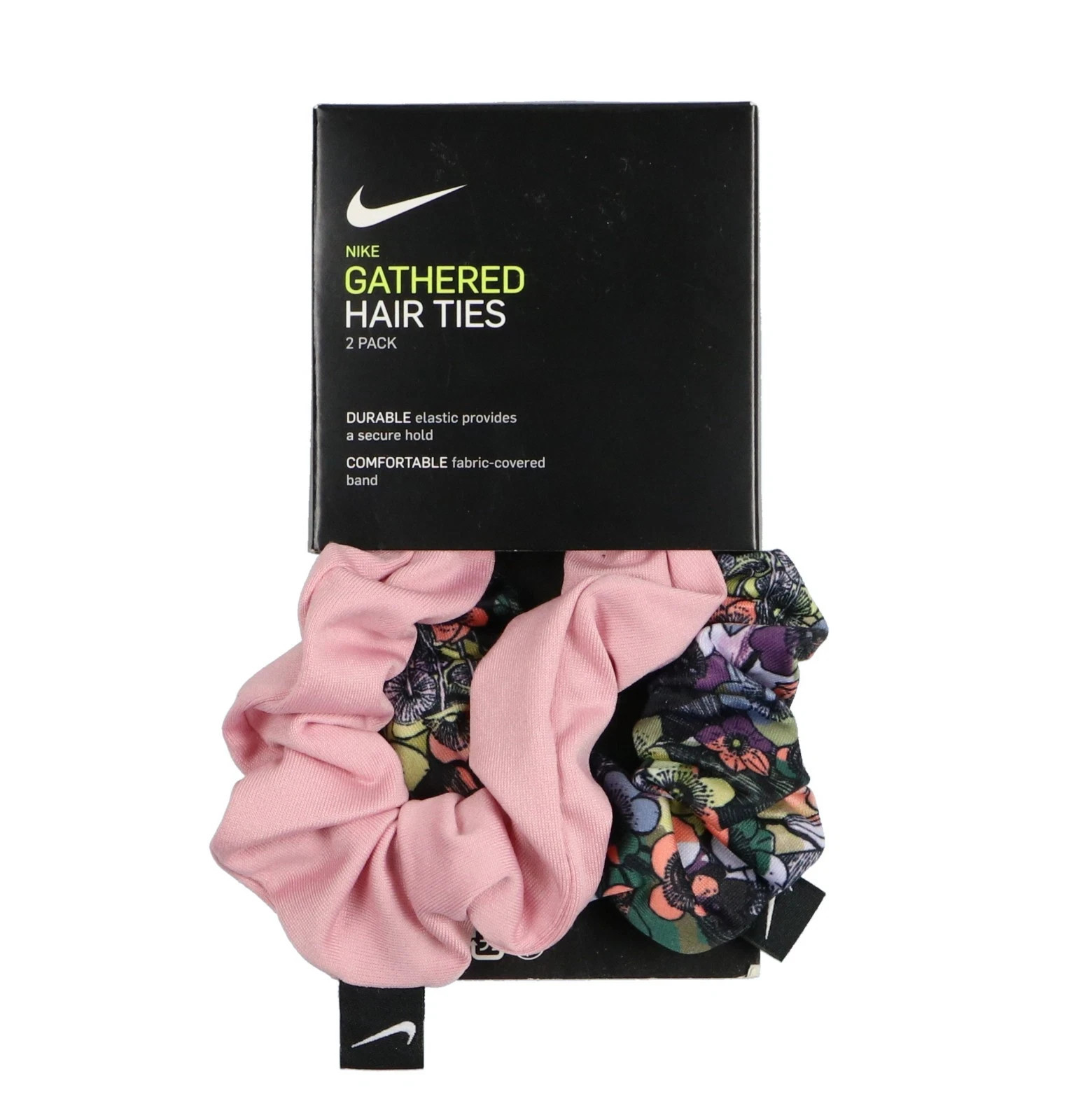 Nike Women’s Gathered 2-Pack Hair Ties Pink Floral Yoga Running Scrunchie New