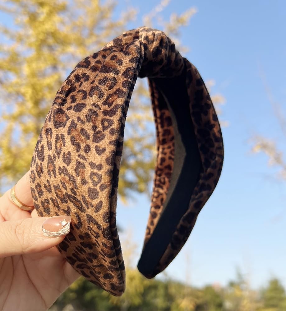 Brown Leopard Printed Wide Velvet Top Knotted Headband Hair Accessories Band