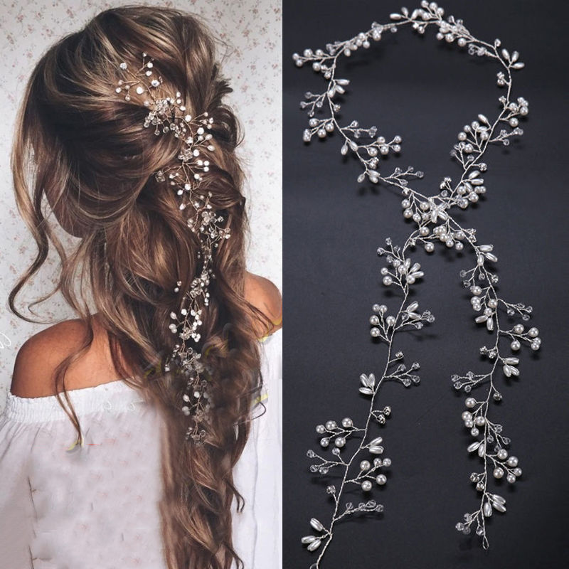 New 35cm Pearl Wedding Hair Vine Crystal Bridal Accessories Diamante Headbands